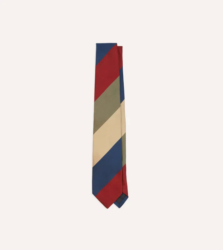 Red, Green and Navy Wide Stripe Repp Silk Cotton Tipped Tie sold by Drake's London