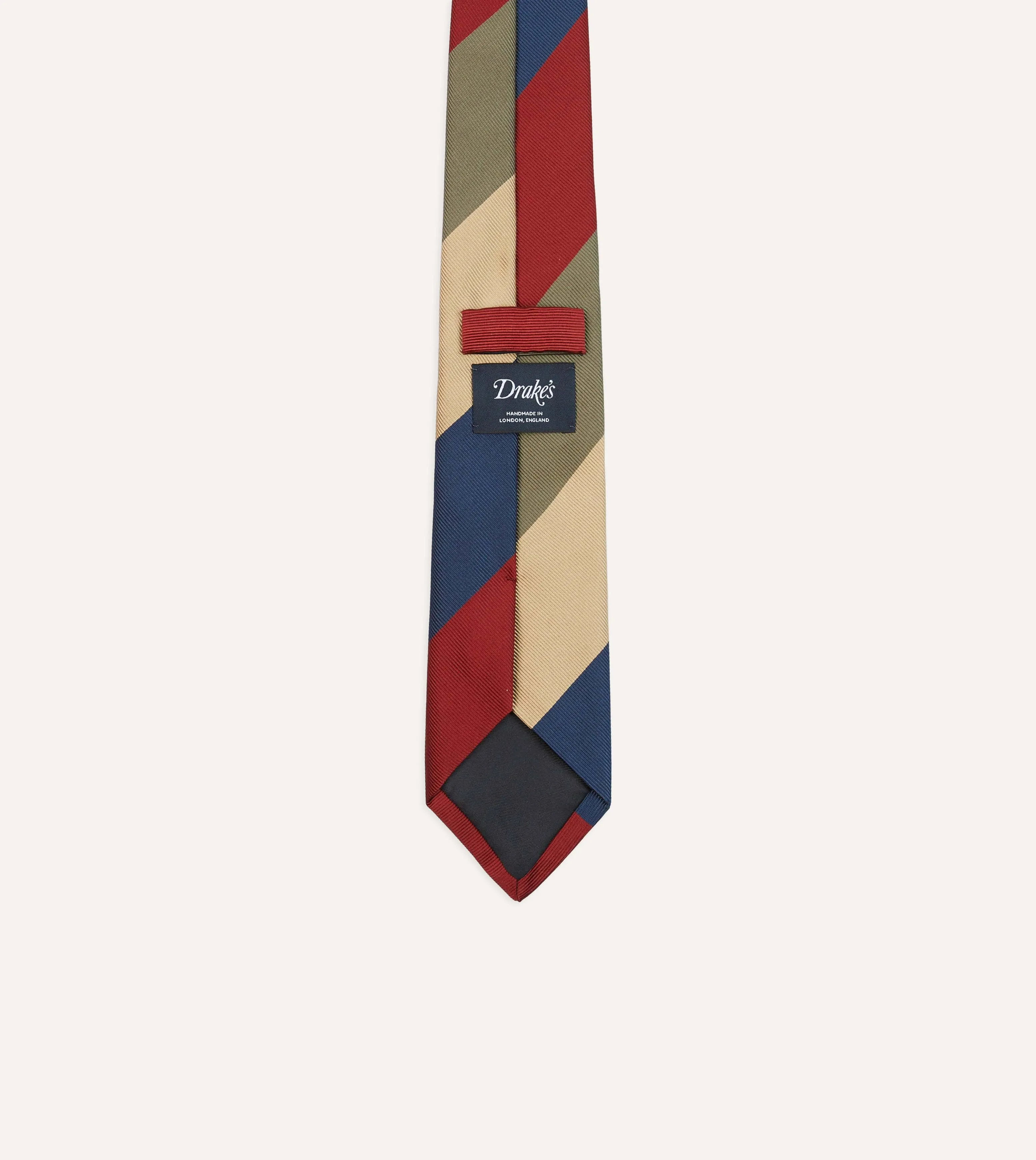 Red, Green and Navy Wide Stripe Repp Silk Cotton Tipped Tie sold by Drake's London product image thumbnail 4