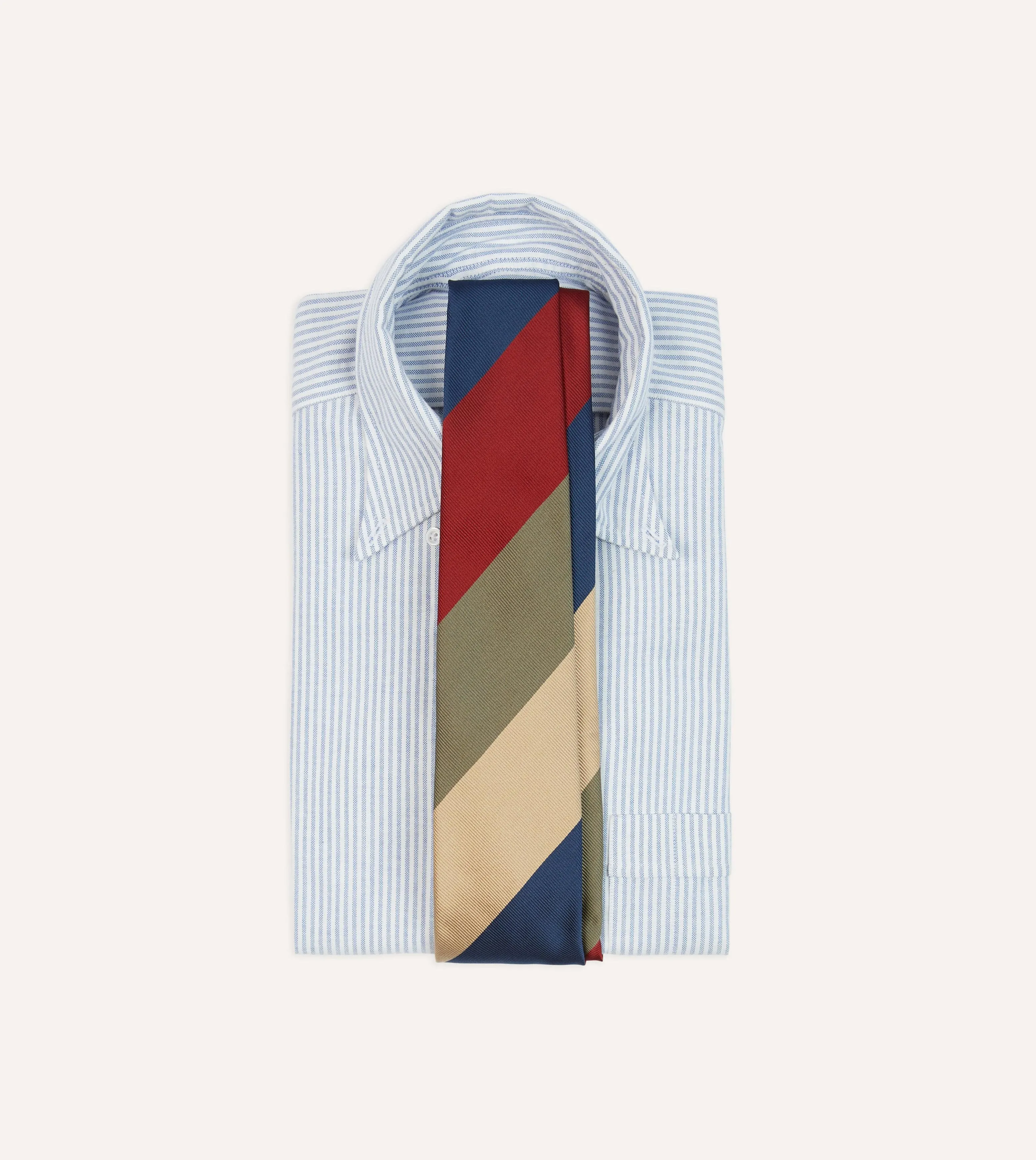 Red, Green and Navy Wide Stripe Repp Silk Cotton Tipped Tie sold by Drake's London product image thumbnail 2