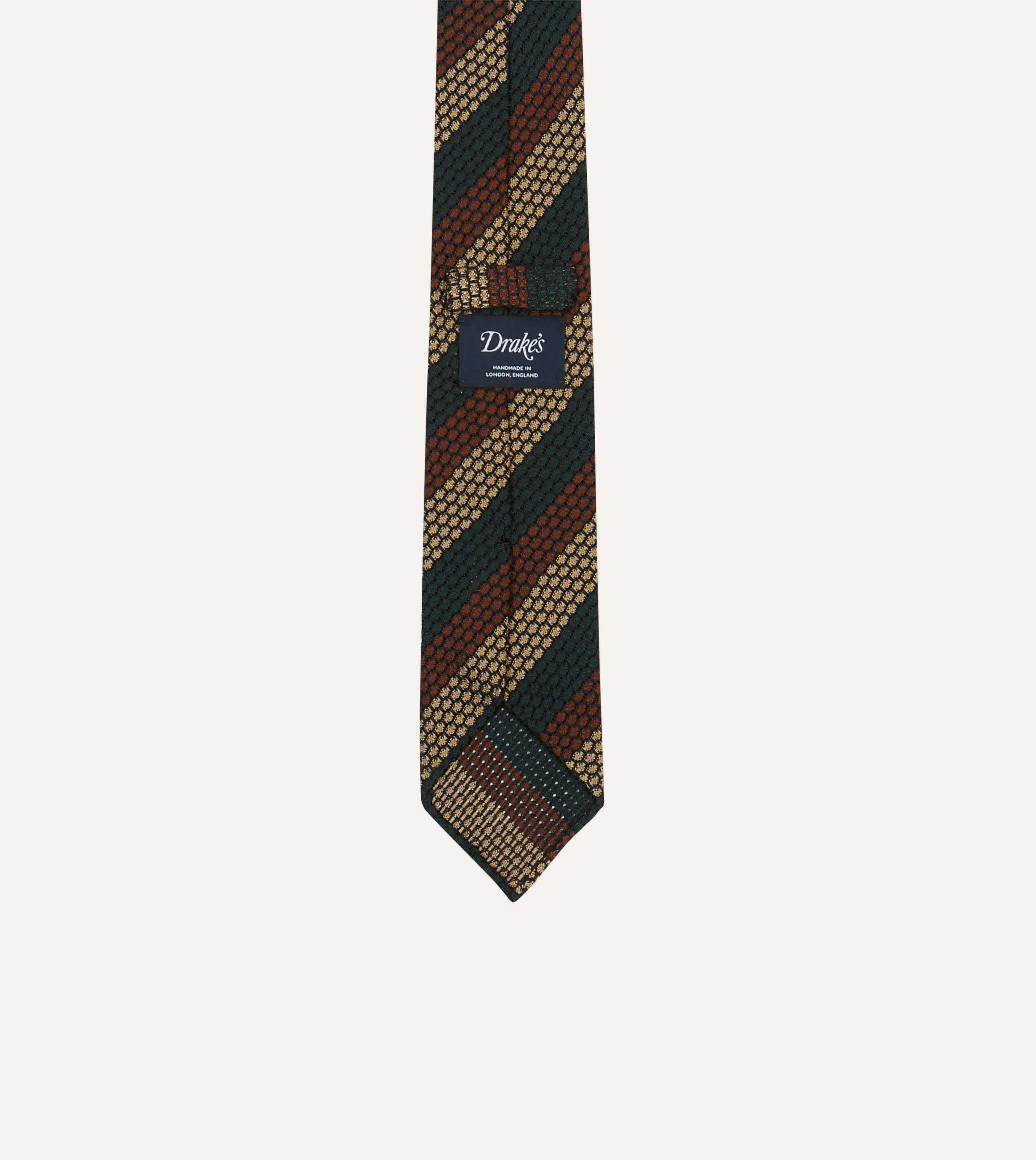 Green, Red and Gold Block Stripe Hand Rolled Silk Grenadine Tie sold by Drake's London product image thumbnail 4