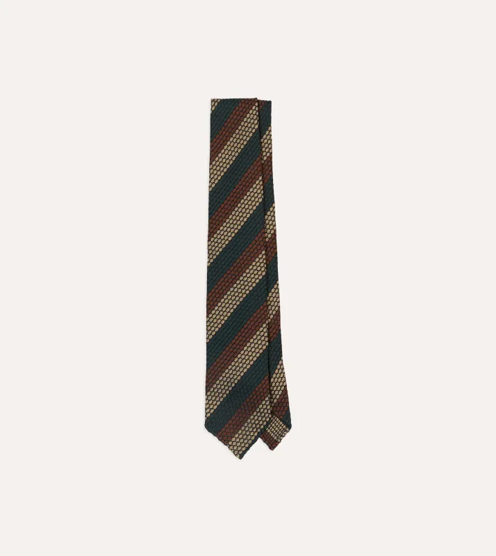 Green, Red and Gold Block Stripe Hand Rolled Silk Grenadine Tie sold by Drake's London