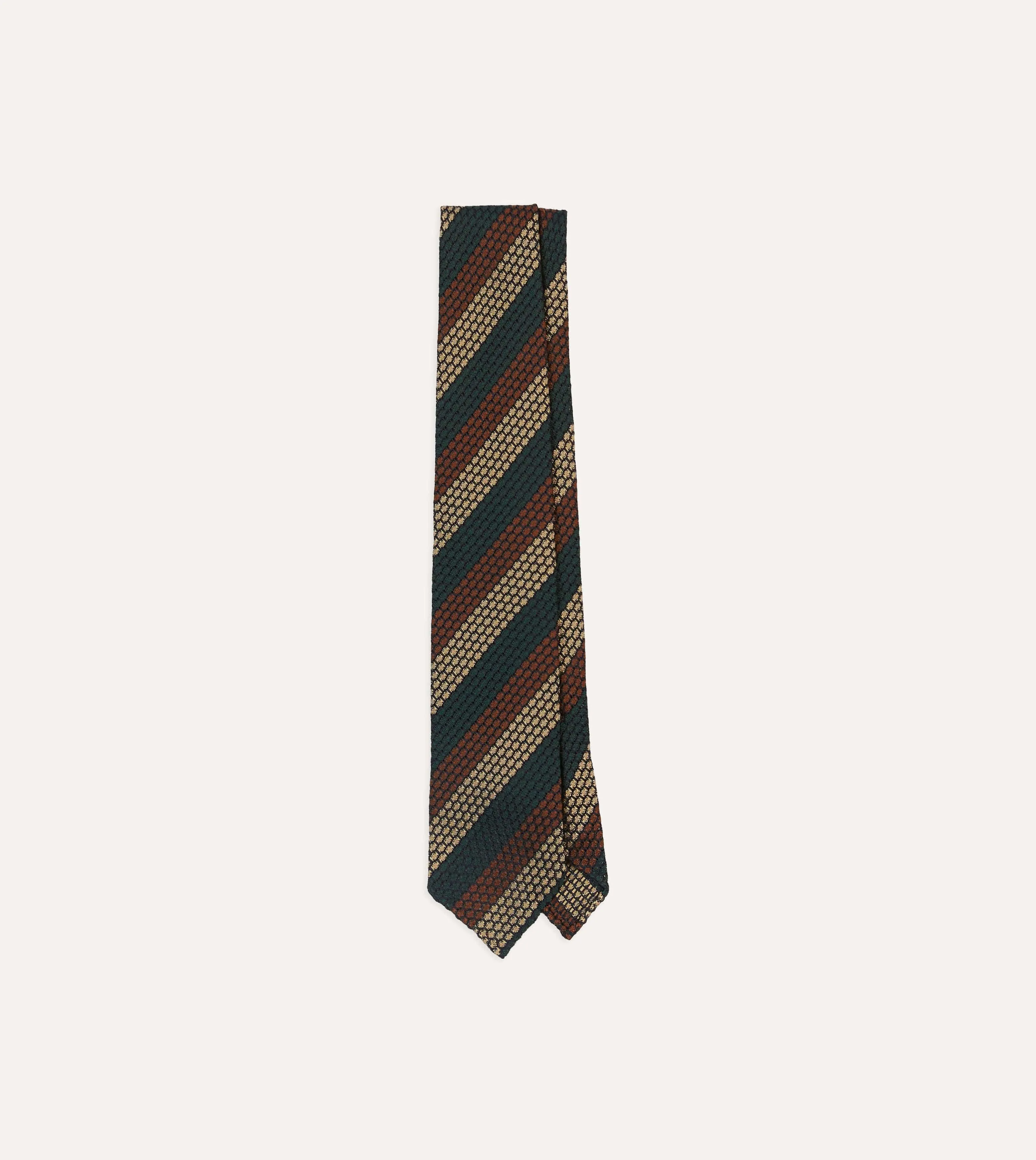Green, Red and Gold Block Stripe Hand Rolled Silk Grenadine Tie sold by Drake's London