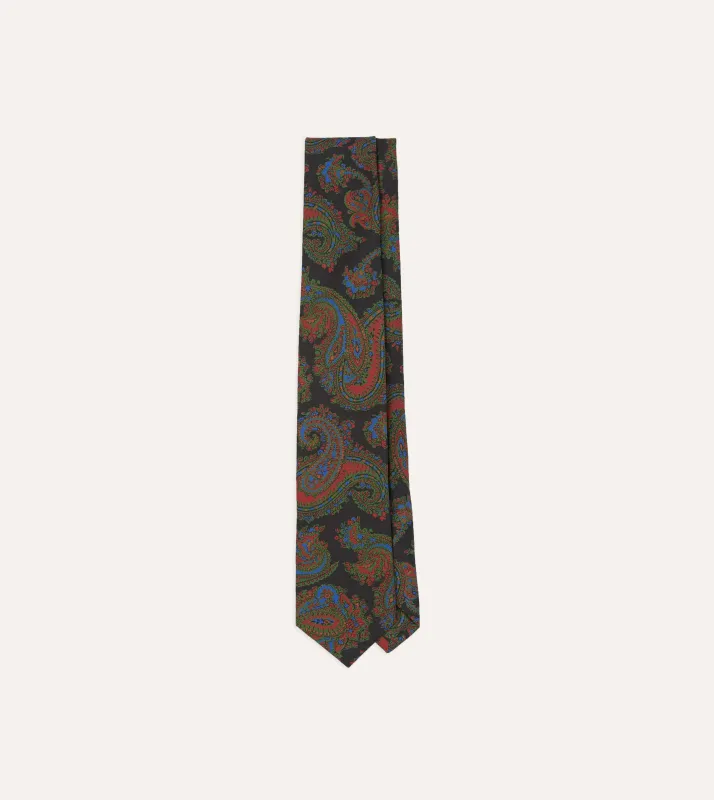 Black Paisley Print Silk Self Tipped Tie sold by Drake's London