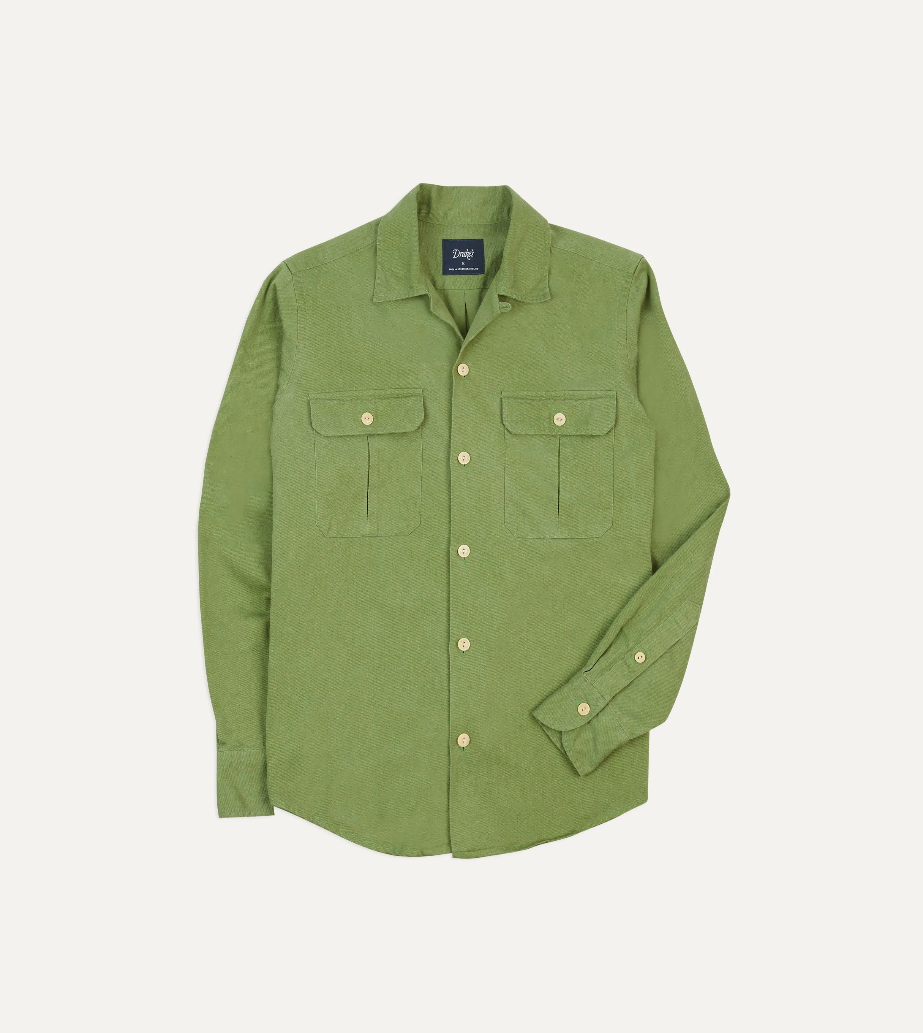 Green Brushed Cotton Twill Camp Collar Long Sleeve Shirt sold by Drake's London