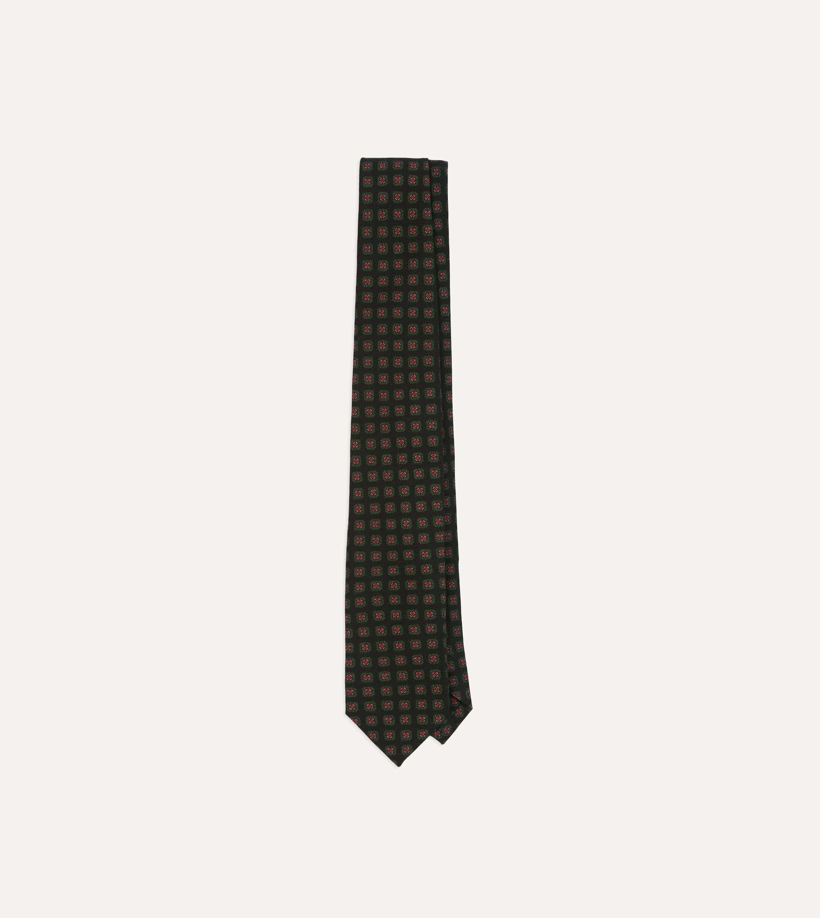 Black Green, and Red Diamond Print Check Self-Tipped Wool Tie sold by Drake's London