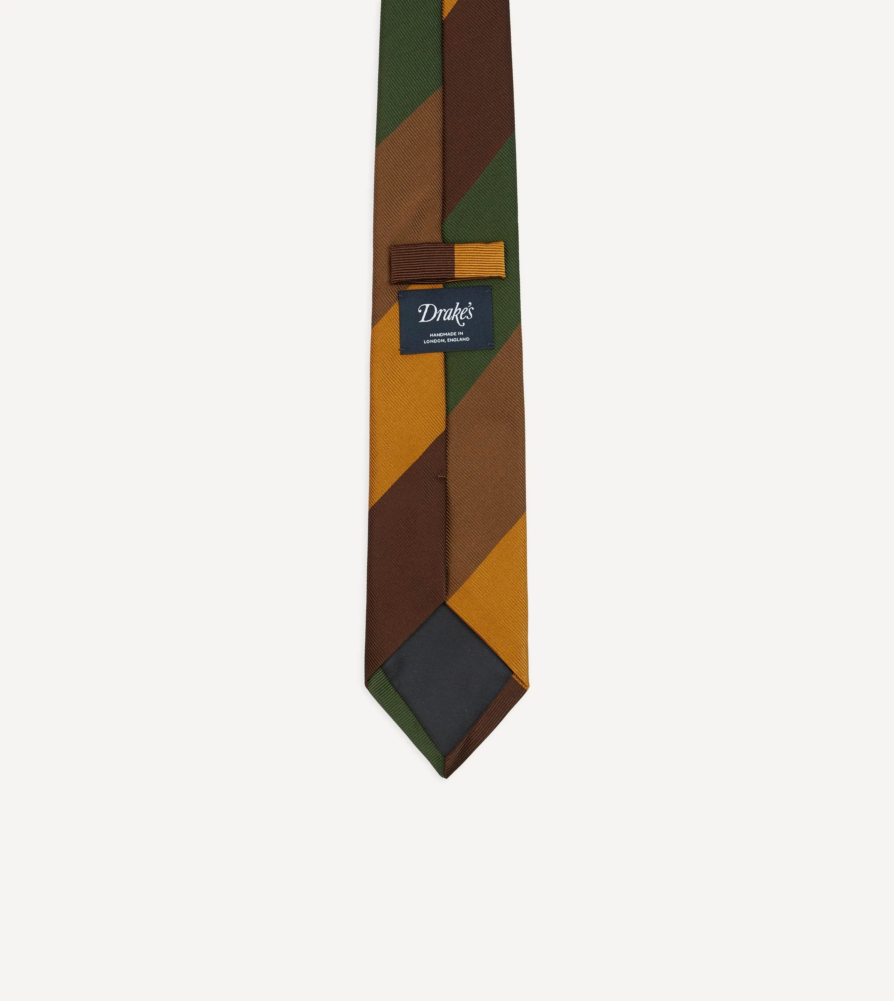 Brown, Green and Yellow Wide Stripe Repp Silk Cotton Tipped Tie sold by Drake's London product image thumbnail 4