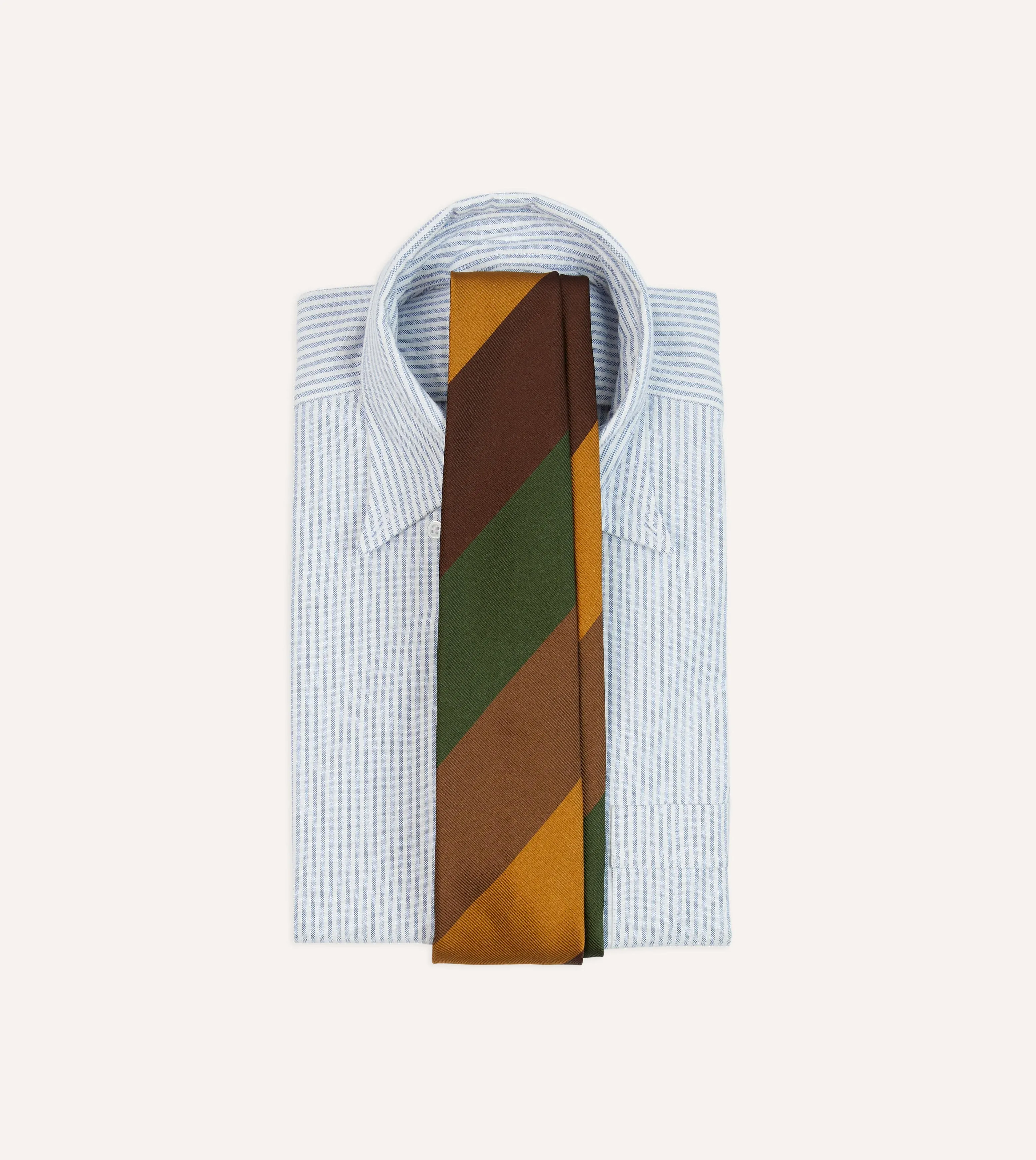 Brown, Green and Yellow Wide Stripe Repp Silk Cotton Tipped Tie sold by Drake's London product image thumbnail 2