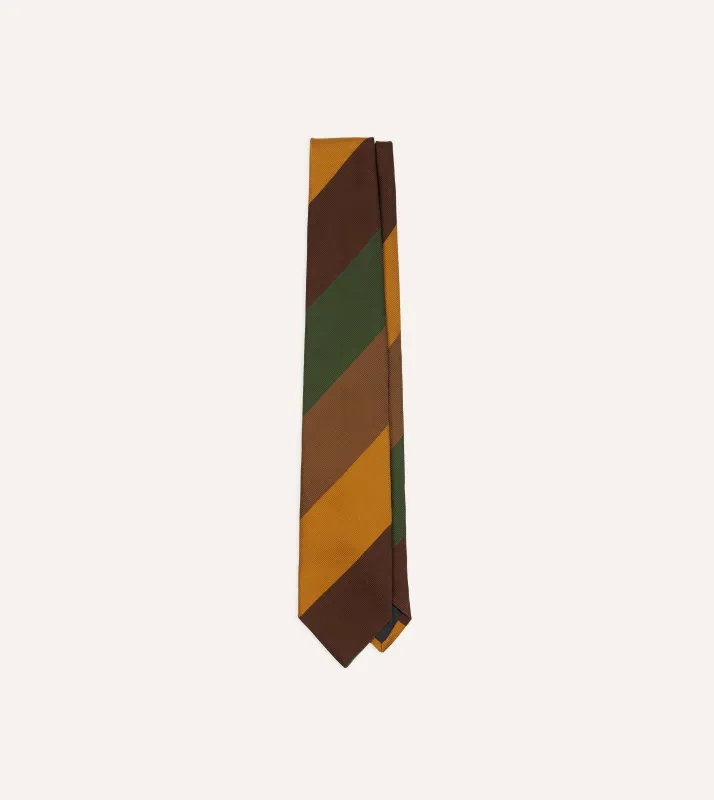 Brown, Green and Yellow Wide Stripe Repp Silk Cotton Tipped Tie sold by Drake's London