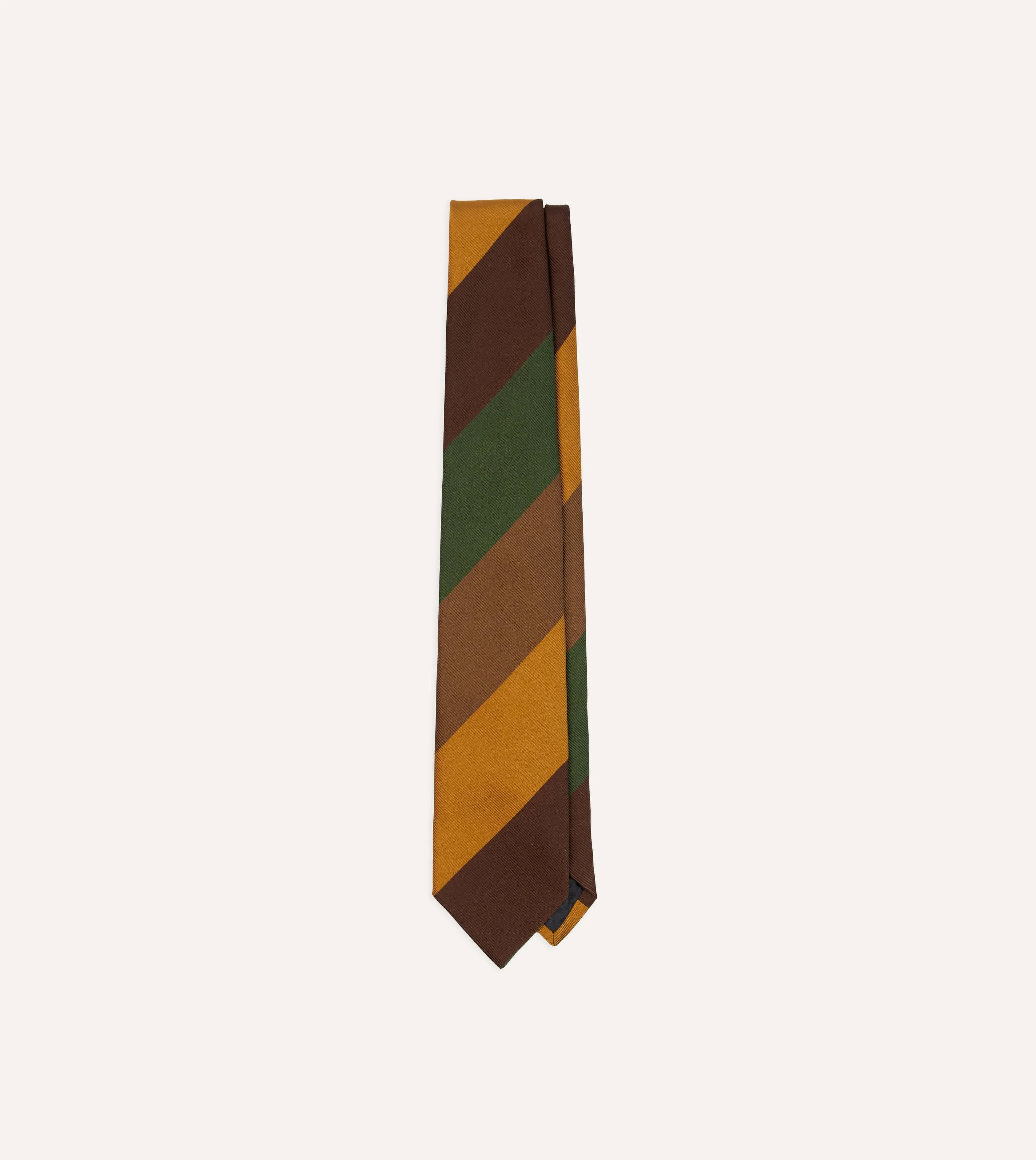 Brown, Green and Yellow Wide Stripe Repp Silk Cotton Tipped Tie sold by Drake's London