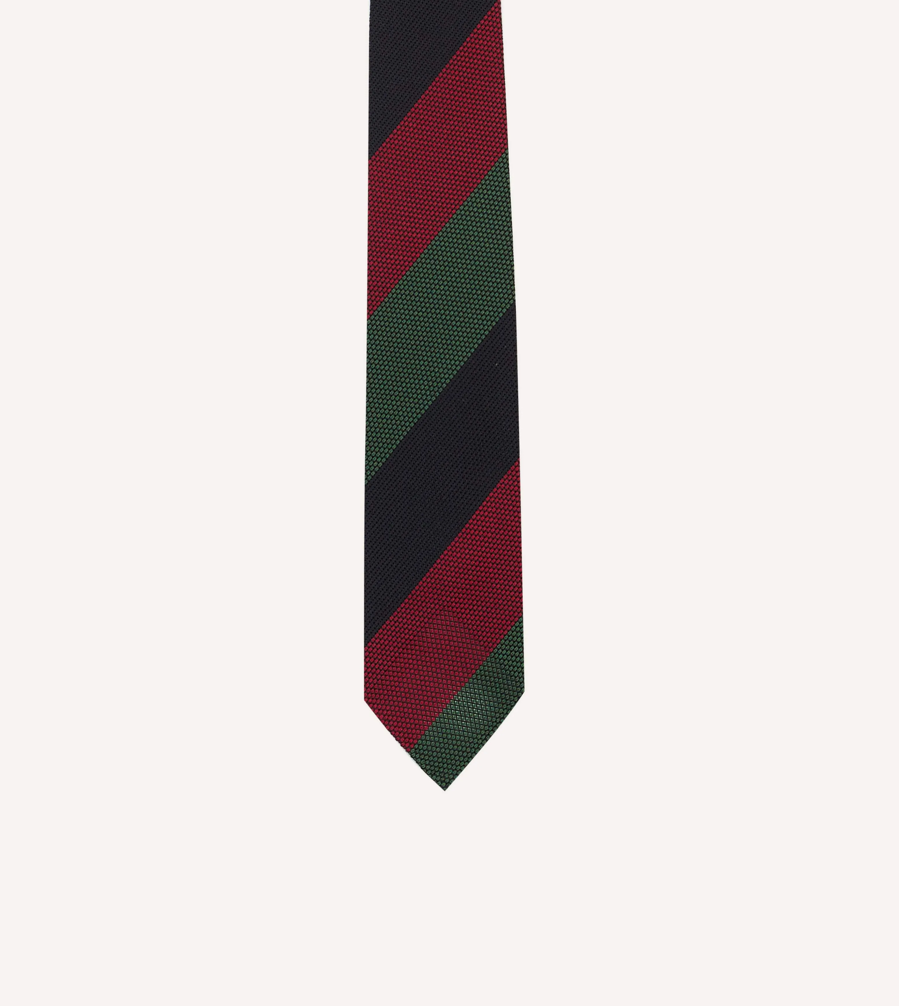 Green, Red and Navy Wide Stripe Hand Rolled Silk Grenadine Tie sold by Drake's London product image thumbnail 3