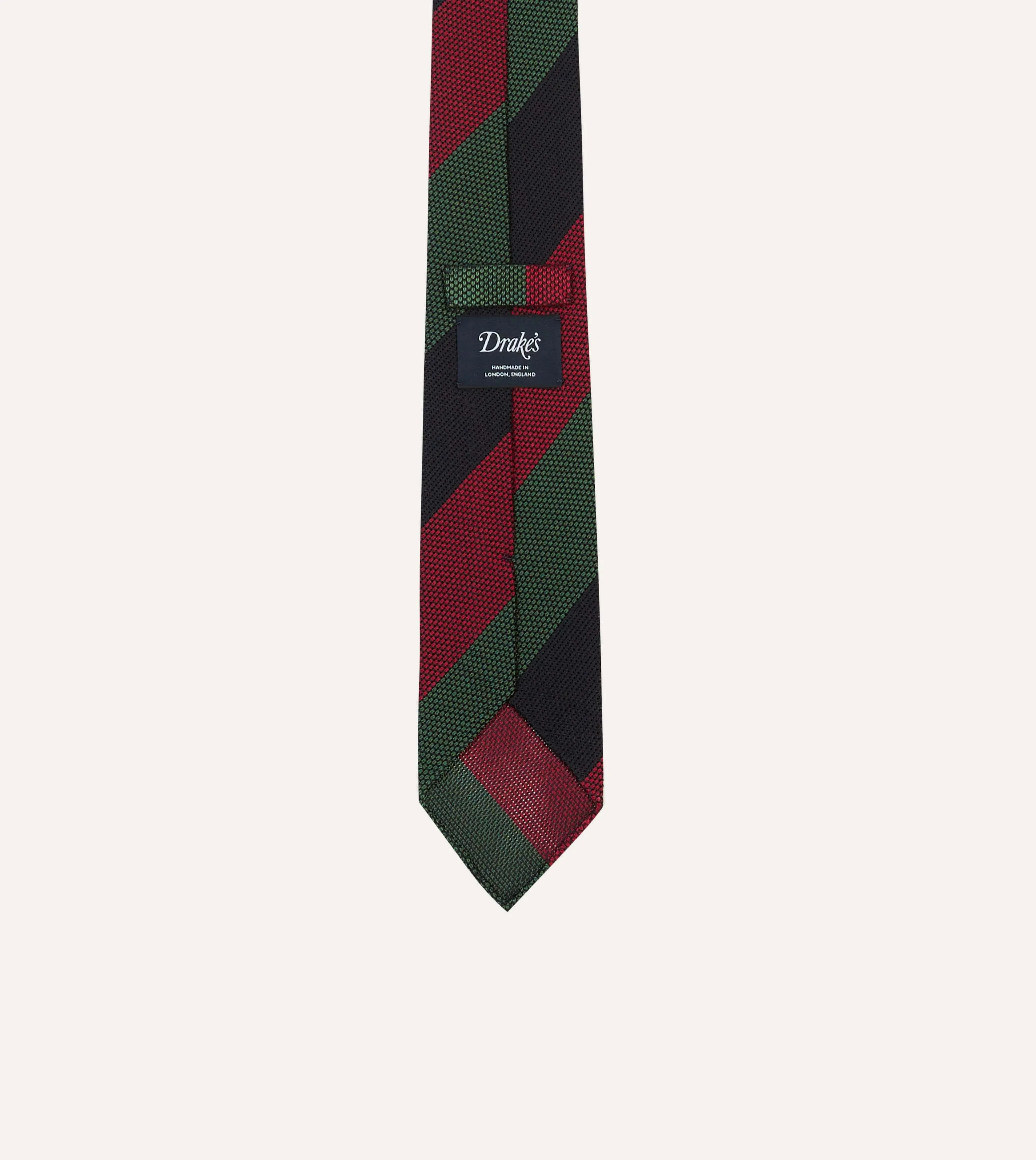 Green, Red and Navy Wide Stripe Hand Rolled Silk Grenadine Tie sold by Drake's London product image thumbnail 4