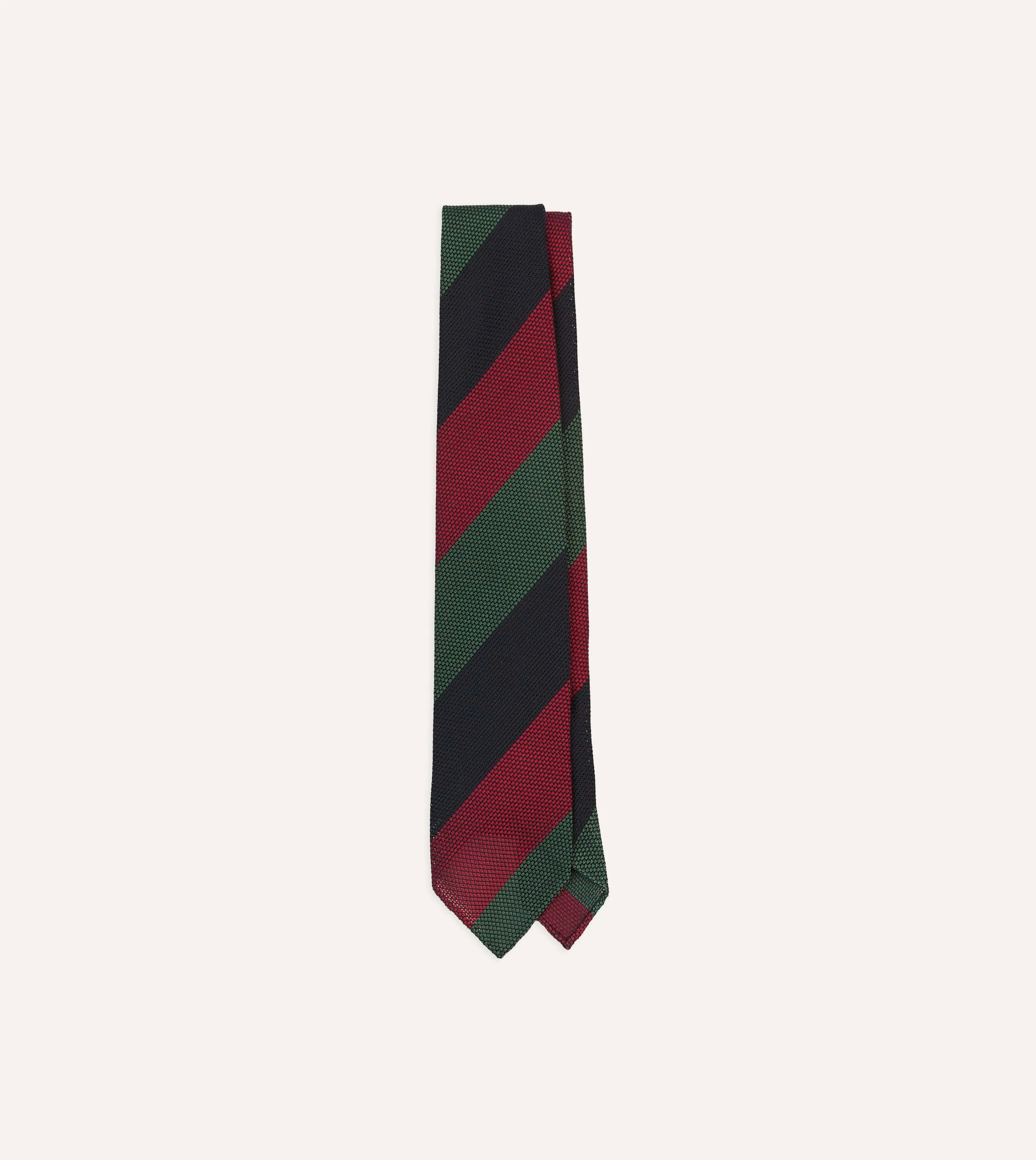 Green, Red and Navy Wide Stripe Hand Rolled Silk Grenadine Tie sold by Drake's London