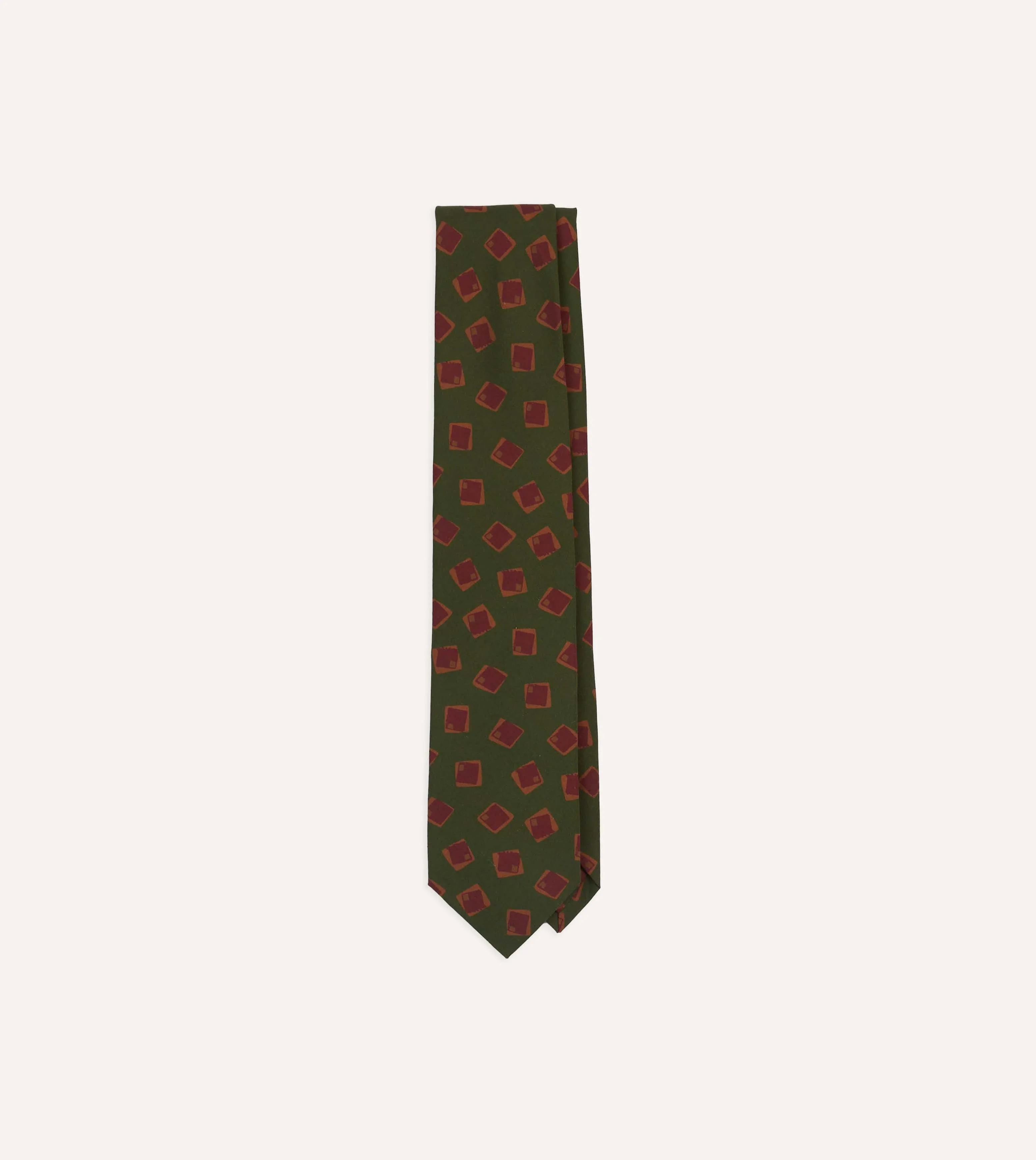 Green Jumbled Tile Print Silk Self Tipped Tie sold by Drake's London