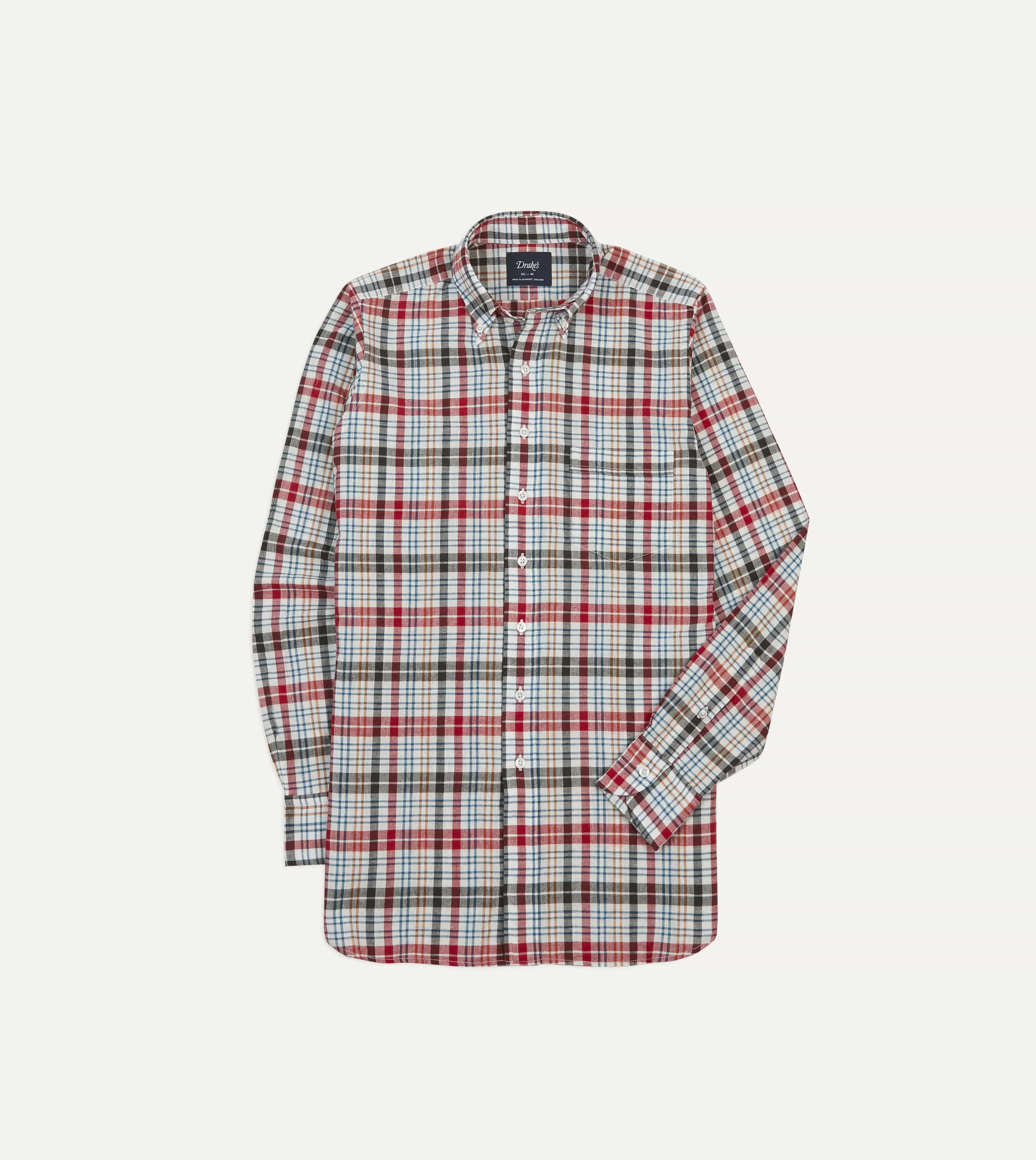 Red and Black Madras Check Cotton Button-Down Shirt sold by Drake's London