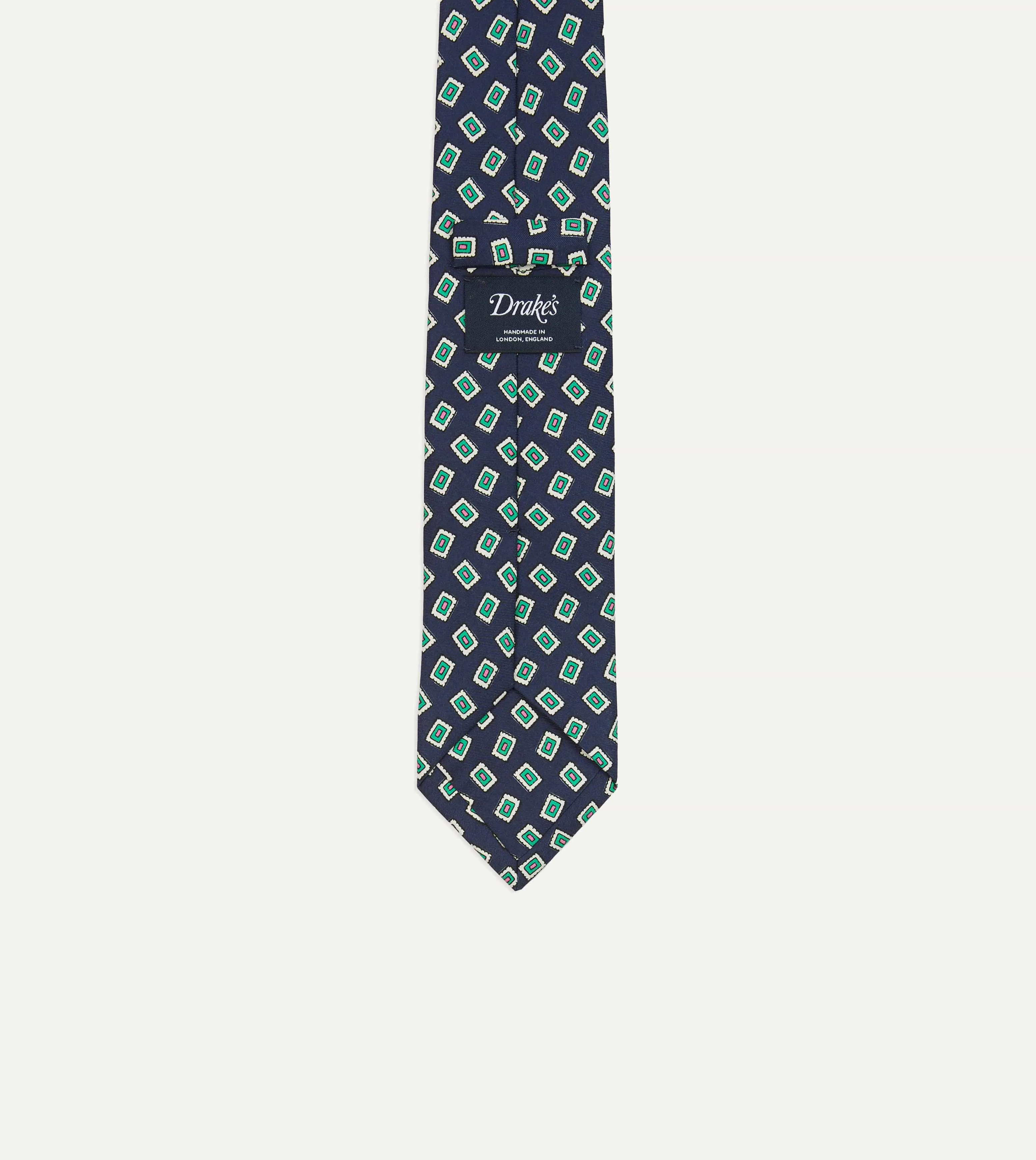 Navy Jumbled Medallion Print Silk Self Tipped Tie sold by Drake's London product image thumbnail 4