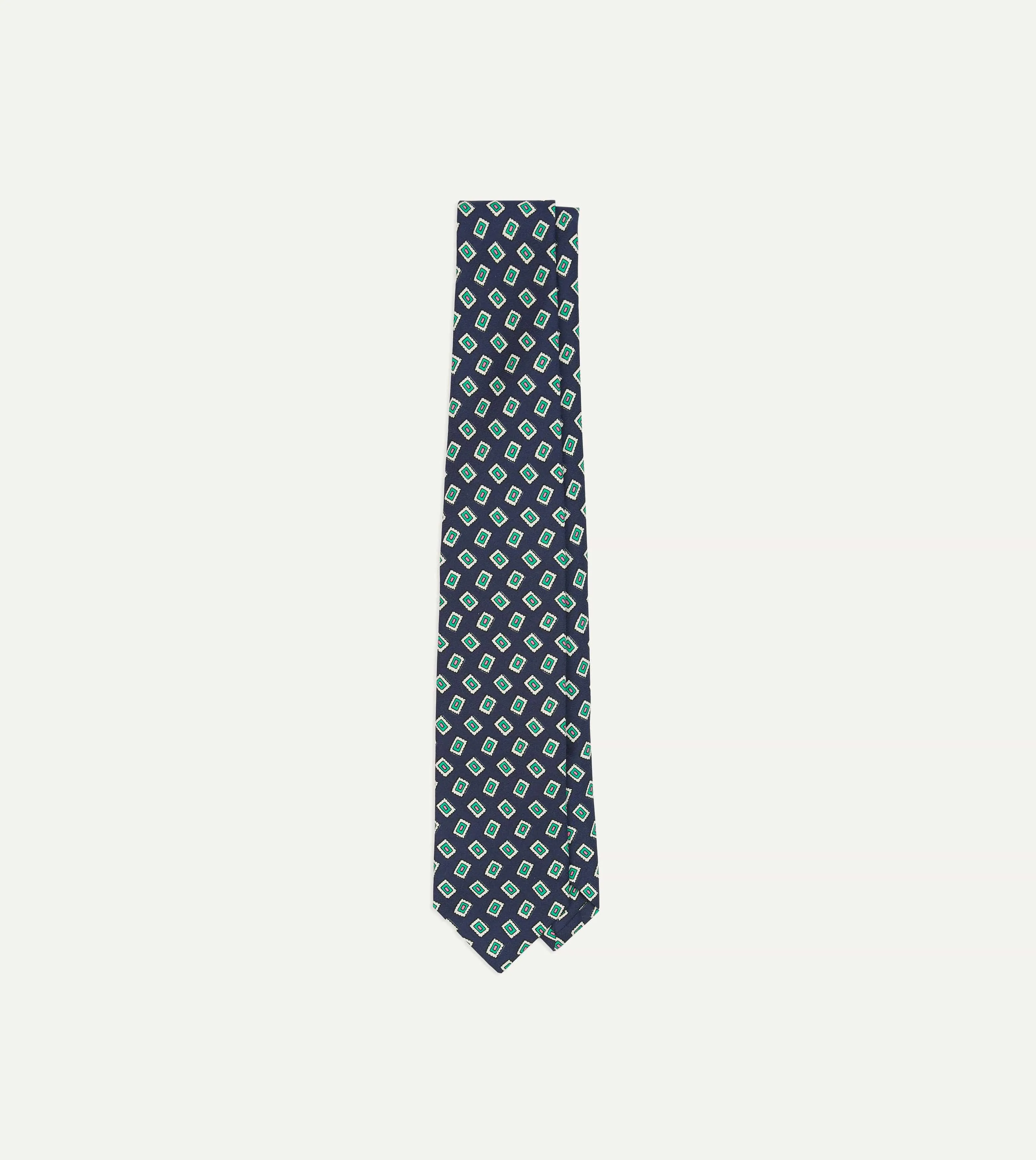 Navy Jumbled Medallion Print Silk Self Tipped Tie sold by Drake's London