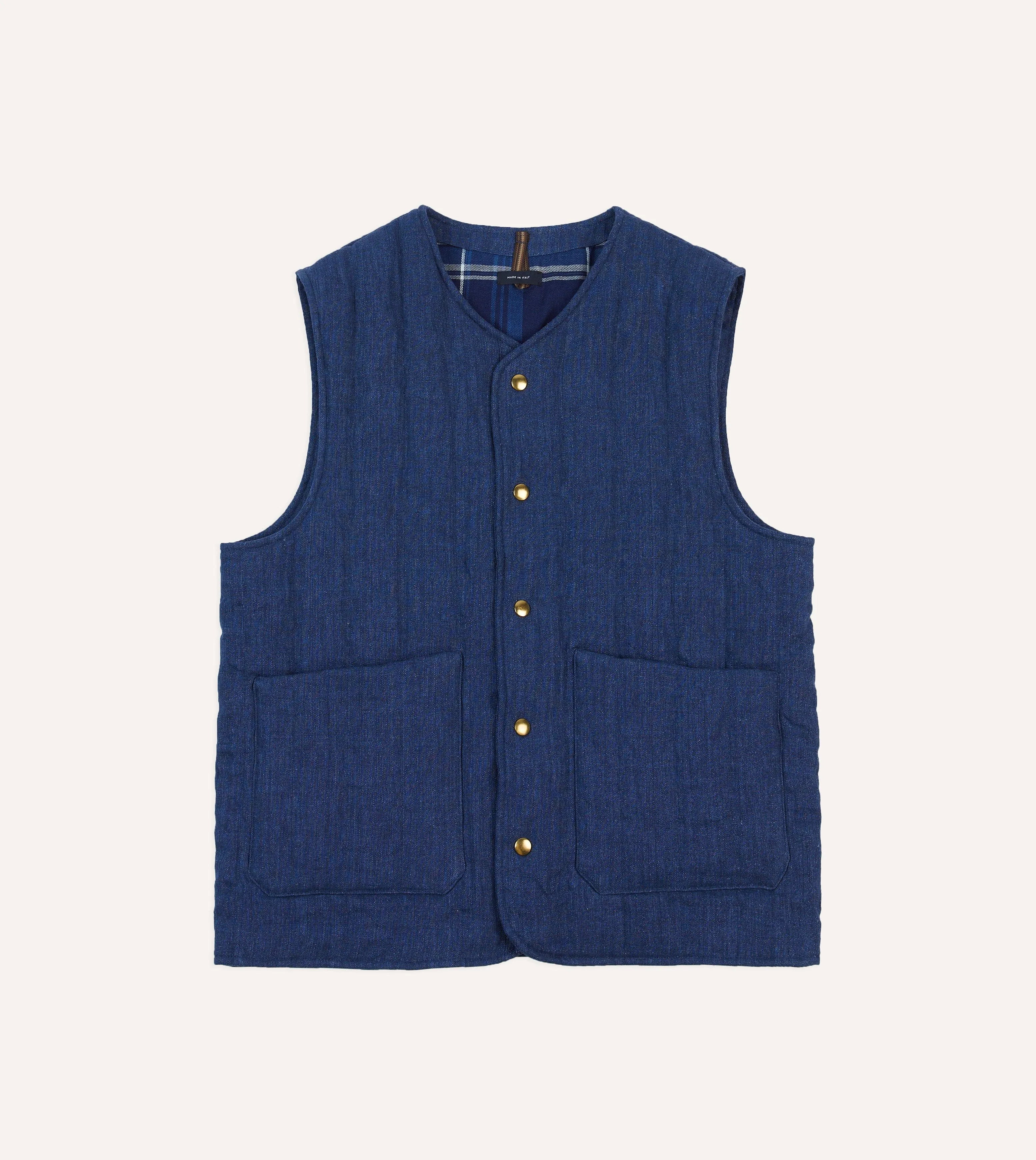 Blue Linen Quilted Snap Vest sold by Drake's London