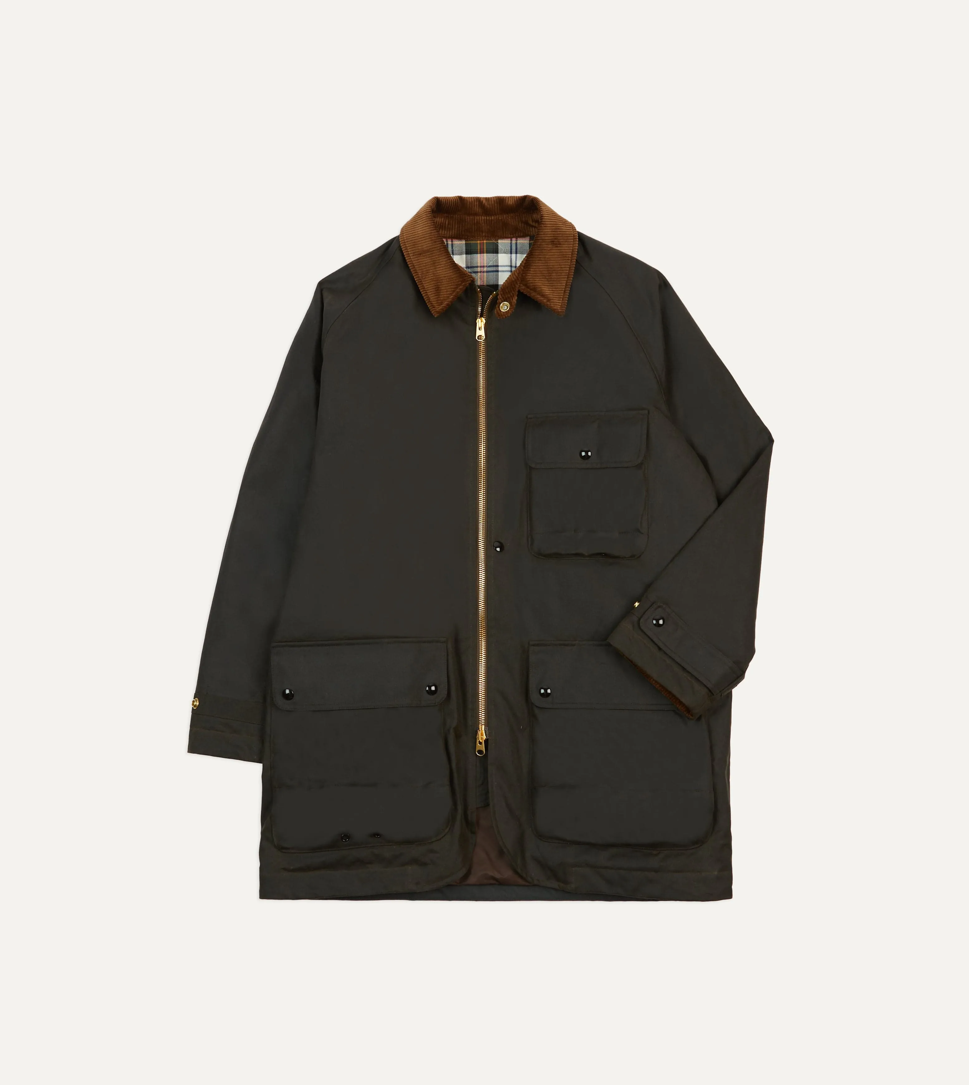 Olive Waxed Long Coverall Jacket sold by Drake's London