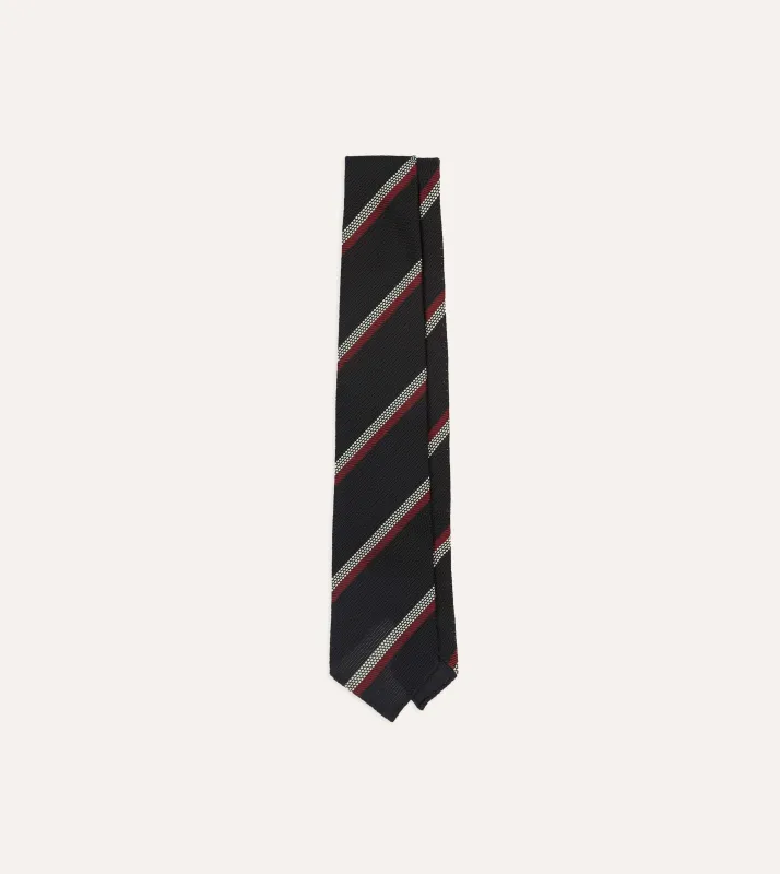 Black, White and Red Stripe Hand Rolled Silk Grenadine Tie sold by Drake's London
