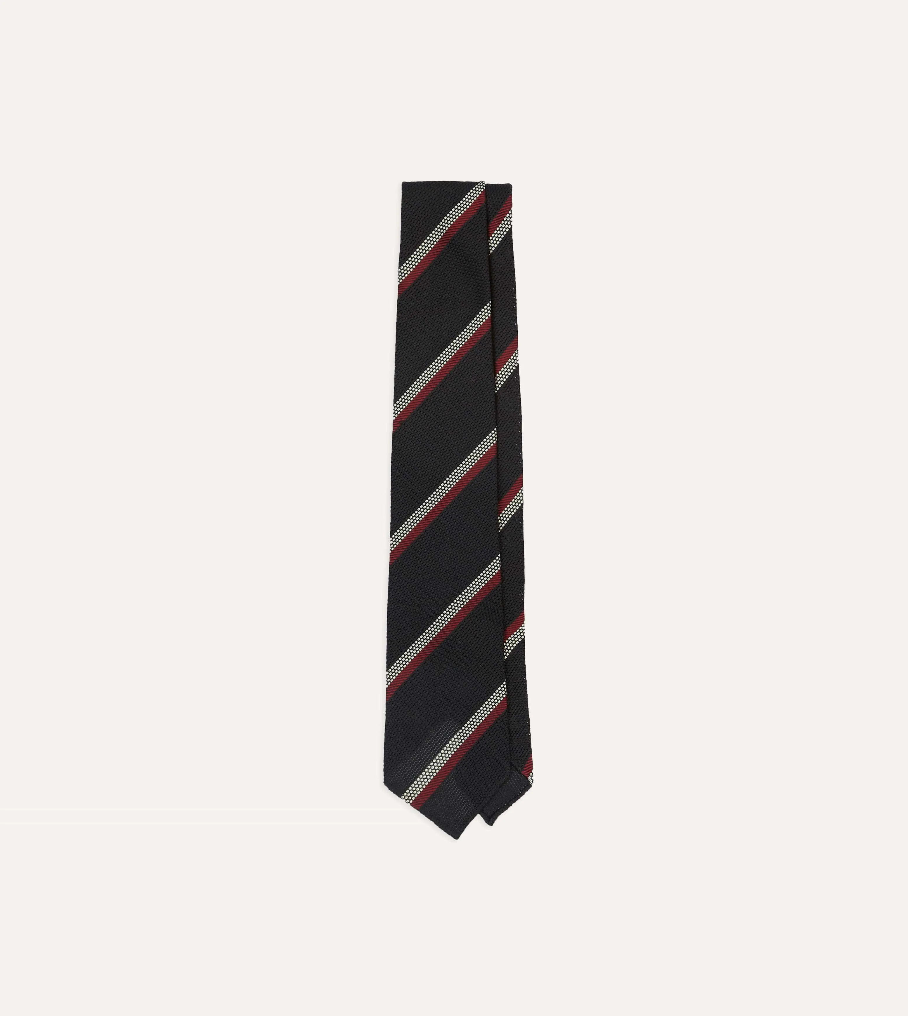 Black, White and Red Stripe Hand Rolled Silk Grenadine Tie sold by Drake's London