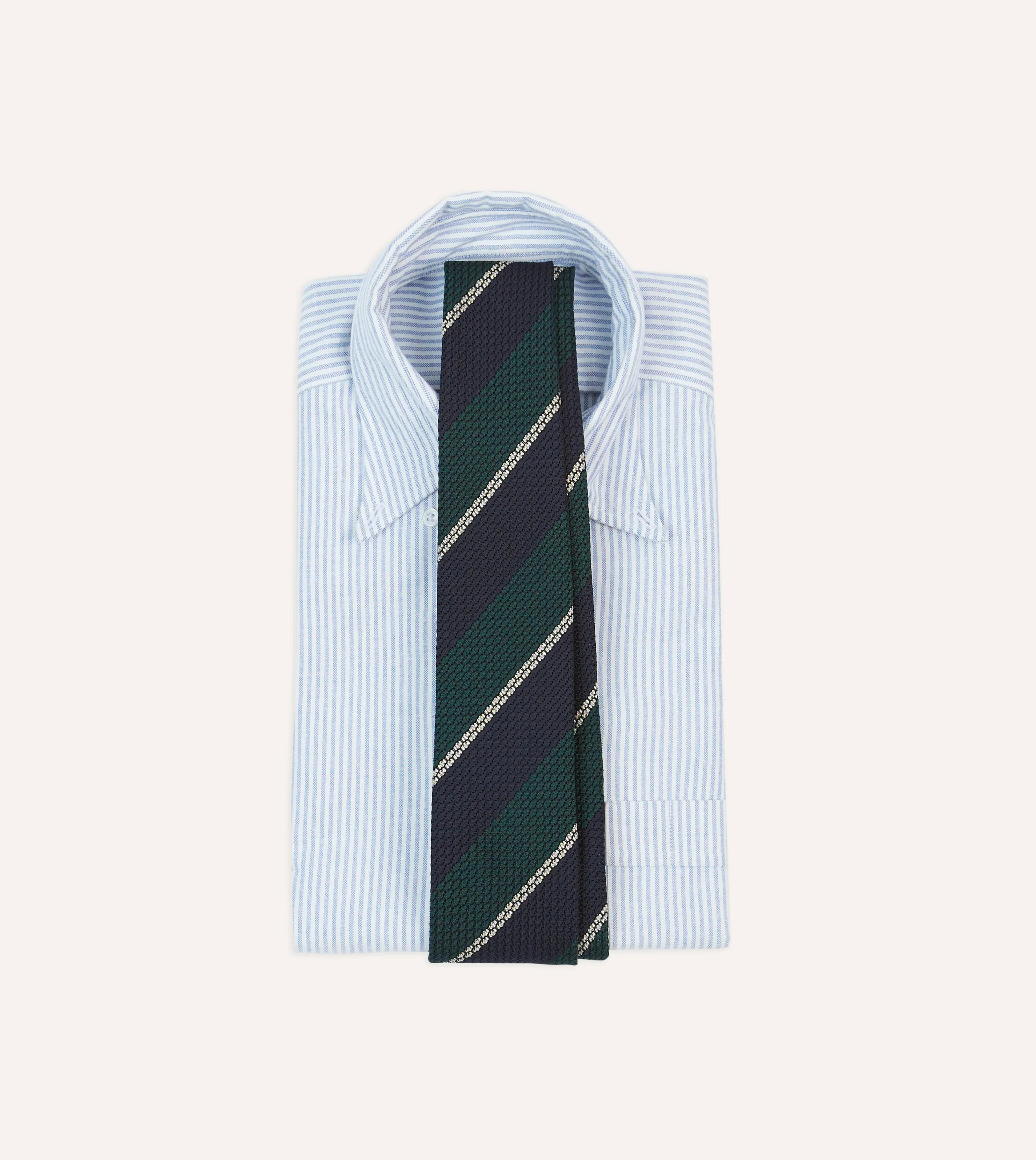 Navy, Green and White Multi Stripe Hand Rolled Silk Grenadine Tie sold by Drake's London product image thumbnail 2