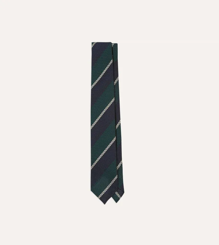 Navy, Green and White Multi Stripe Hand Rolled Silk Grenadine Tie sold by Drake's London