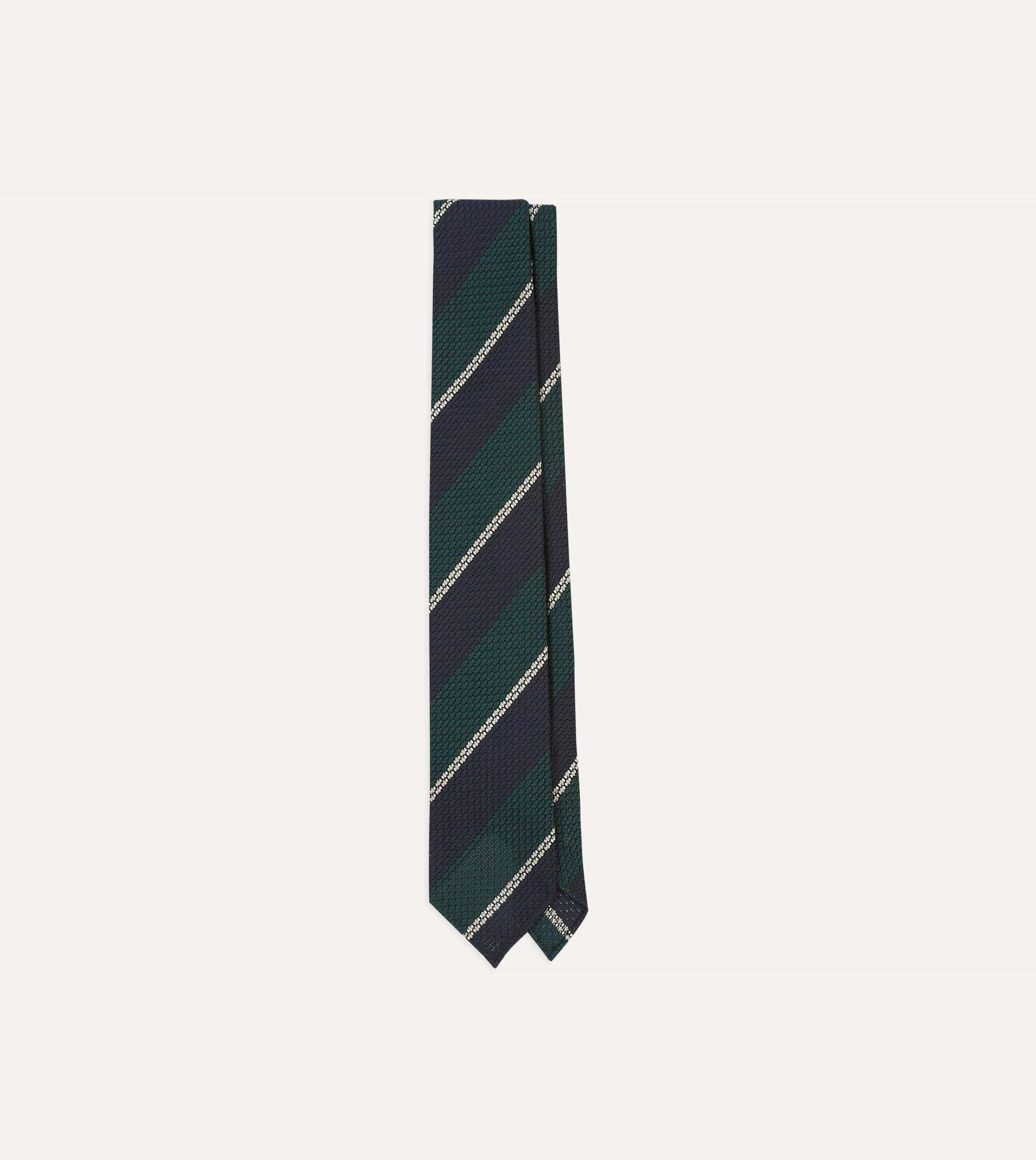 Navy, Green and White Multi Stripe Hand Rolled Silk Grenadine Tie sold by Drake's London