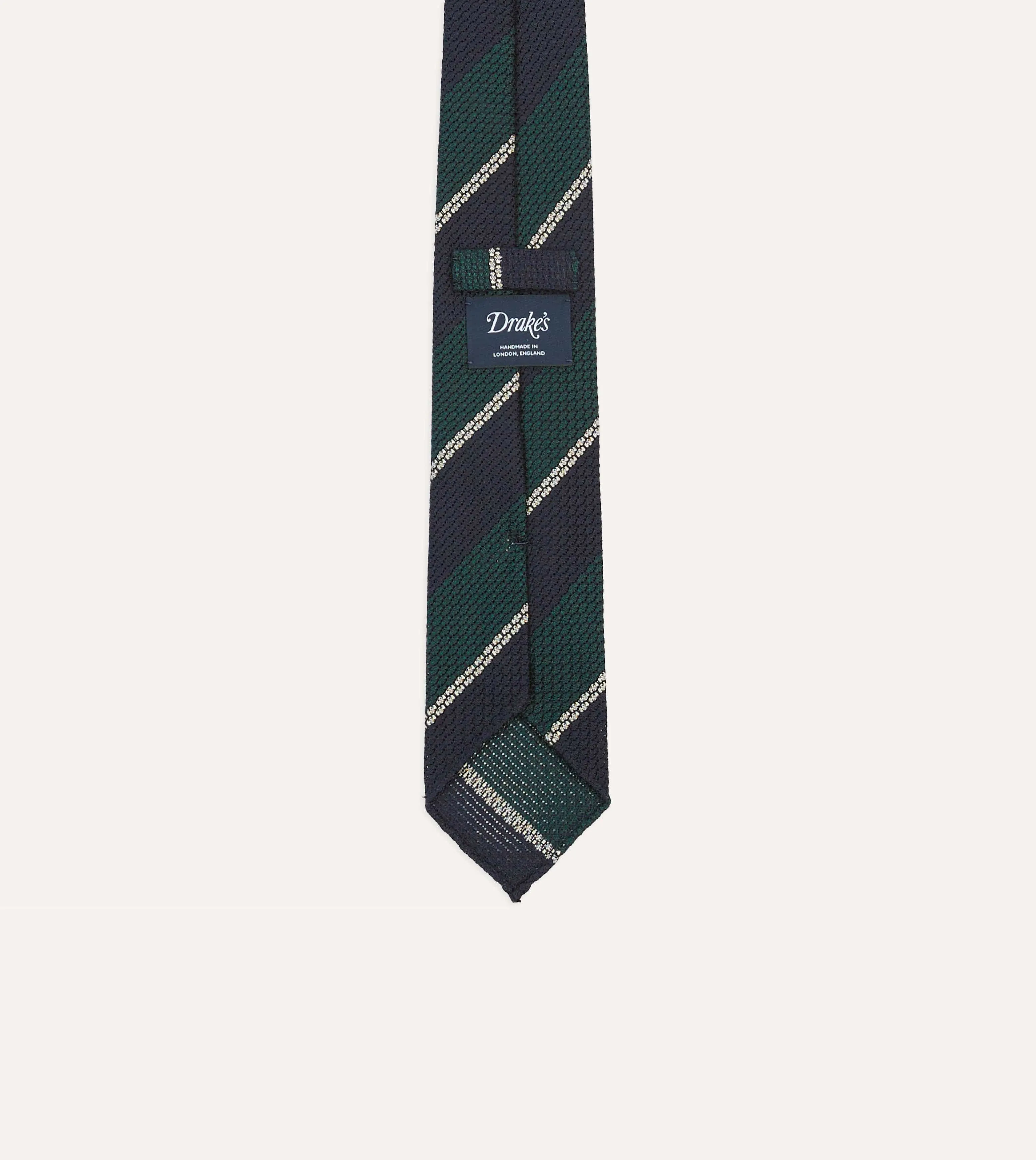 Navy, Green and White Multi Stripe Hand Rolled Silk Grenadine Tie sold by Drake's London product image thumbnail 4