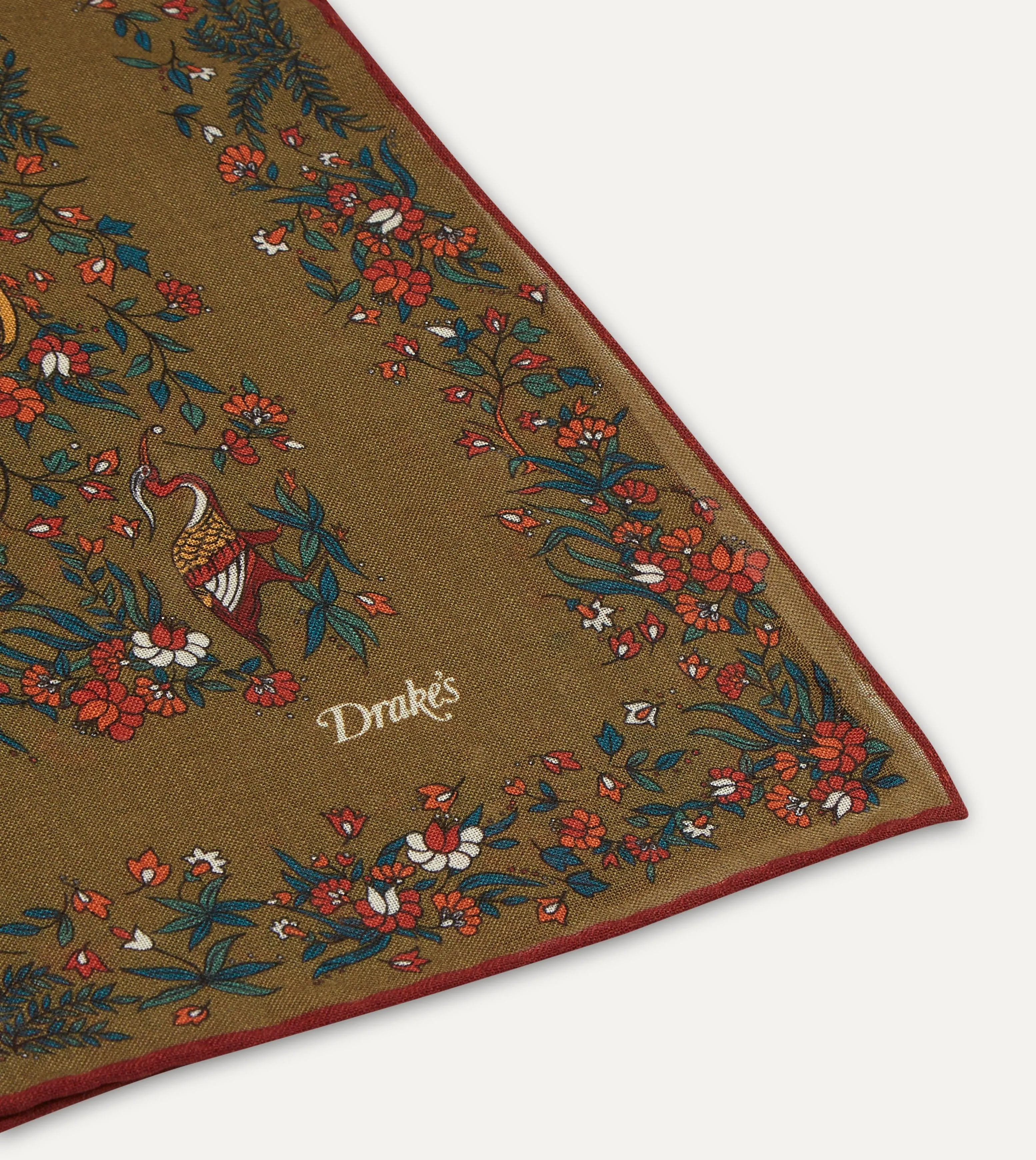 Olive Birds of Paradise Print Wool-Silk Square Scarf sold by Drake's London product image thumbnail 4