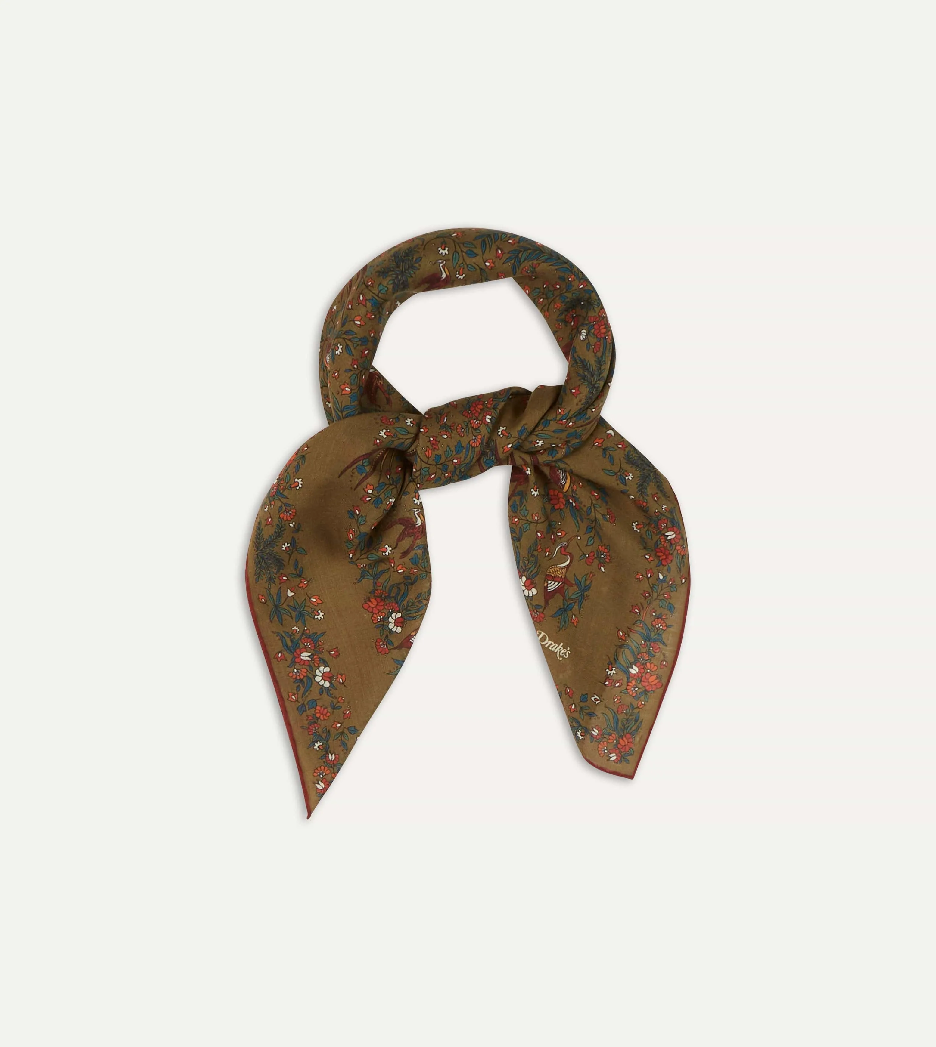 Olive Birds of Paradise Print Wool-Silk Square Scarf sold by Drake's London product image thumbnail 5