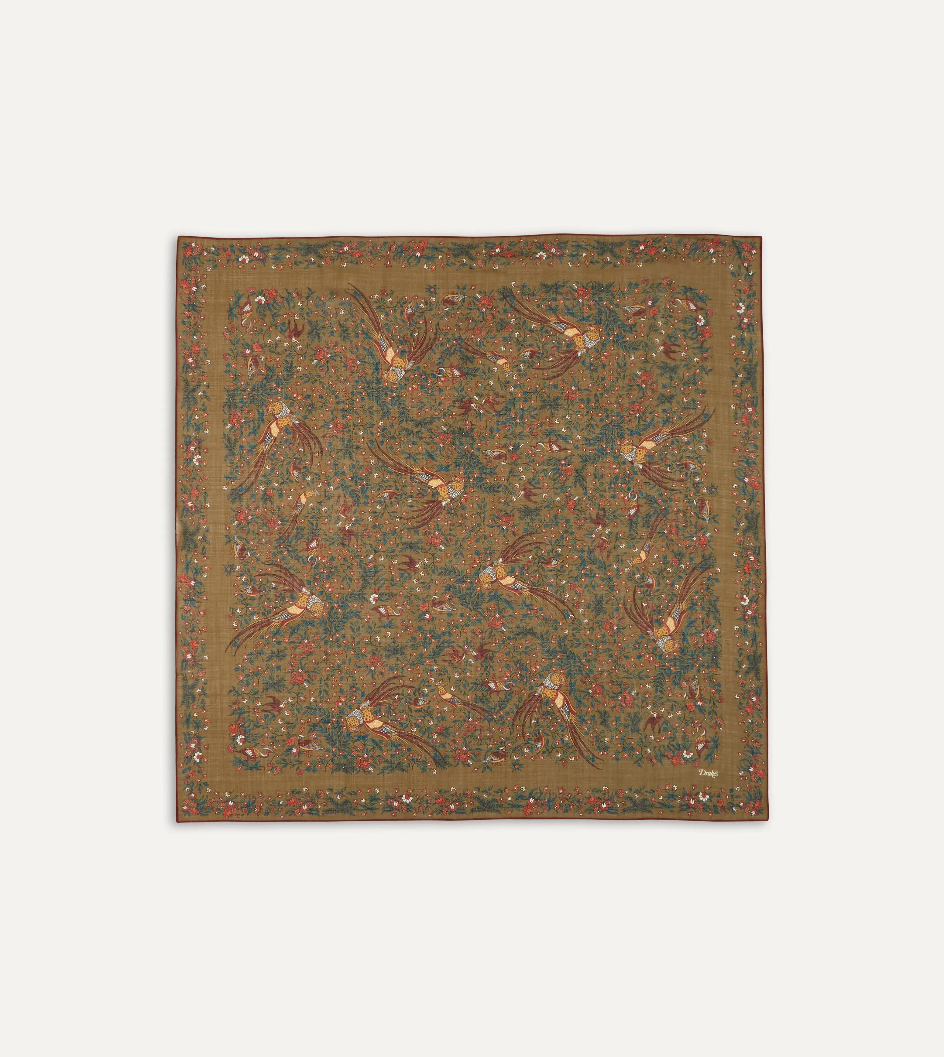 Olive Birds of Paradise Print Wool-Silk Square Scarf sold by Drake's London