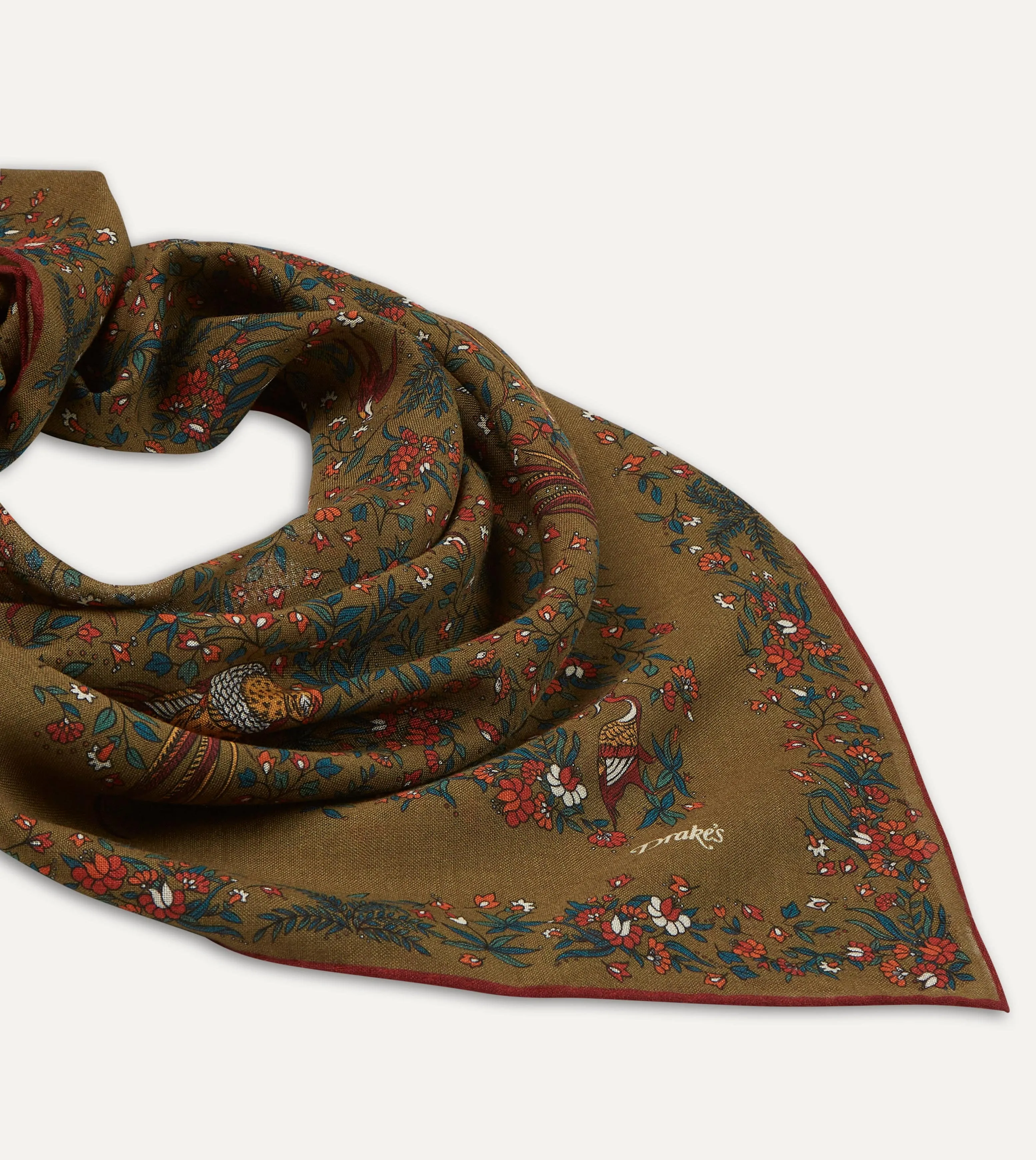 Olive Birds of Paradise Print Wool-Silk Square Scarf sold by Drake's London product image thumbnail 3