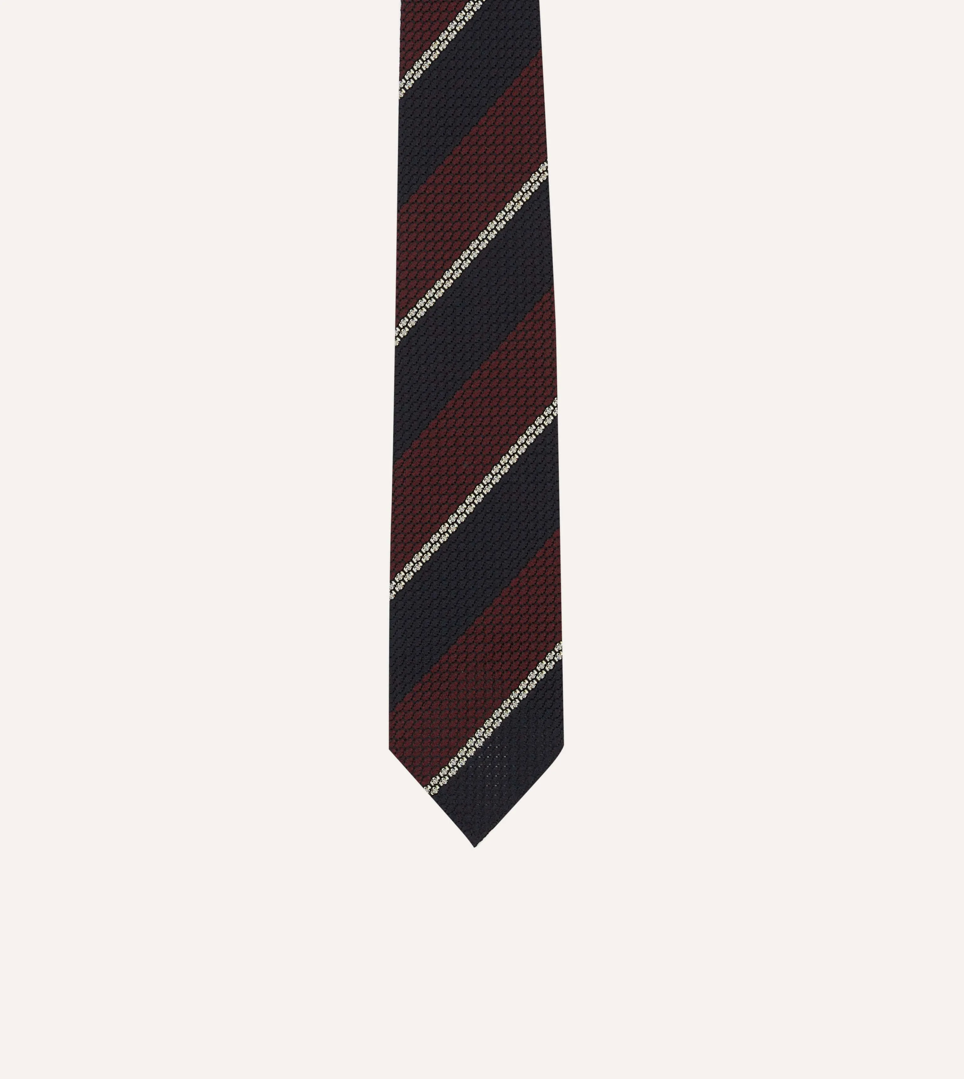 Navy, Red and White Multi Stripe Hand Rolled Silk Grenadine Tie sold by Drake's London product image thumbnail 3