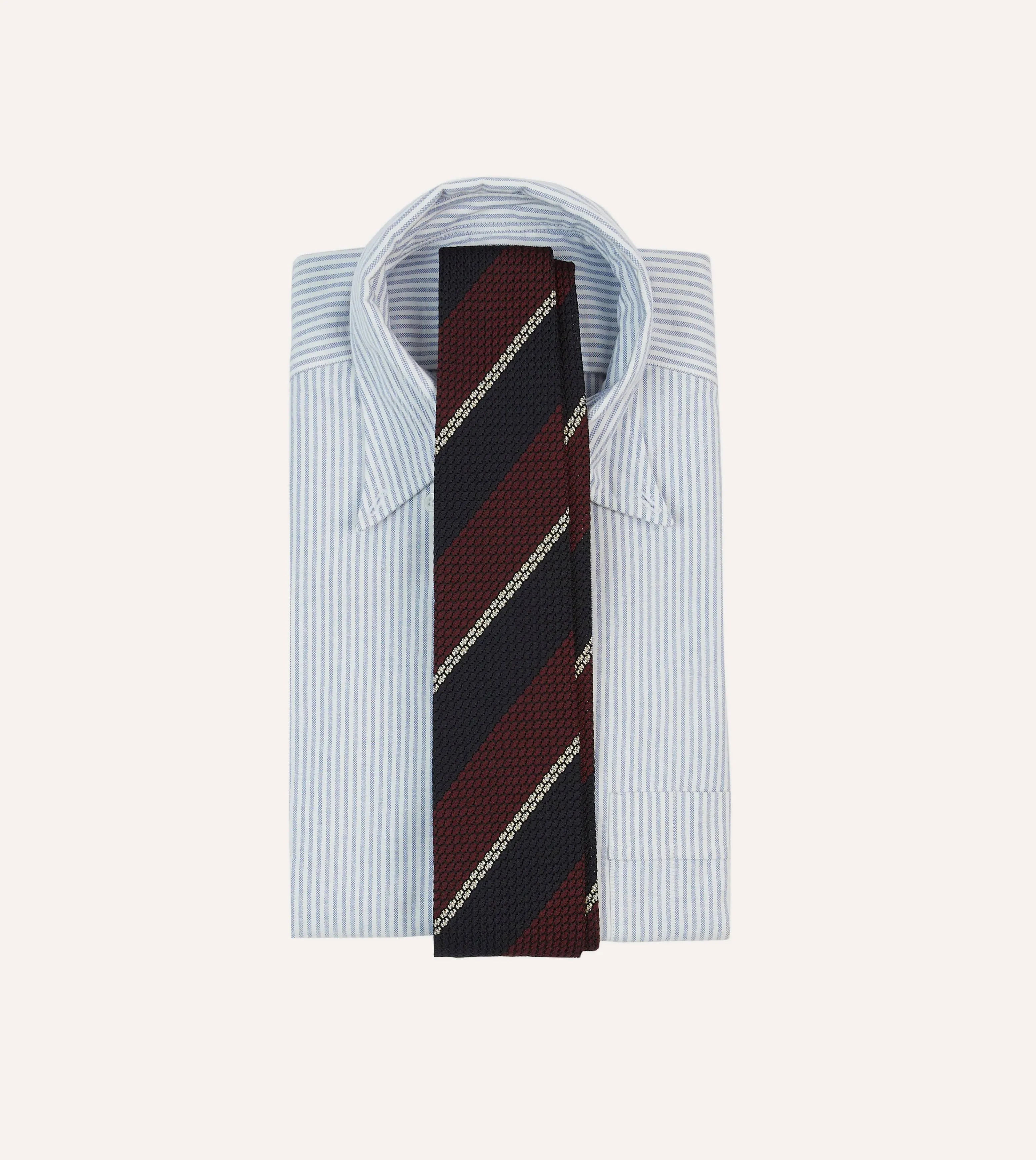 Navy, Red and White Multi Stripe Hand Rolled Silk Grenadine Tie sold by Drake's London product image thumbnail 2