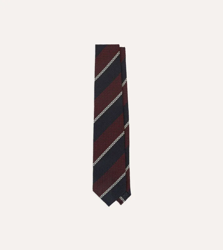 Navy, Red and White Multi Stripe Hand Rolled Silk Grenadine Tie sold by Drake's London