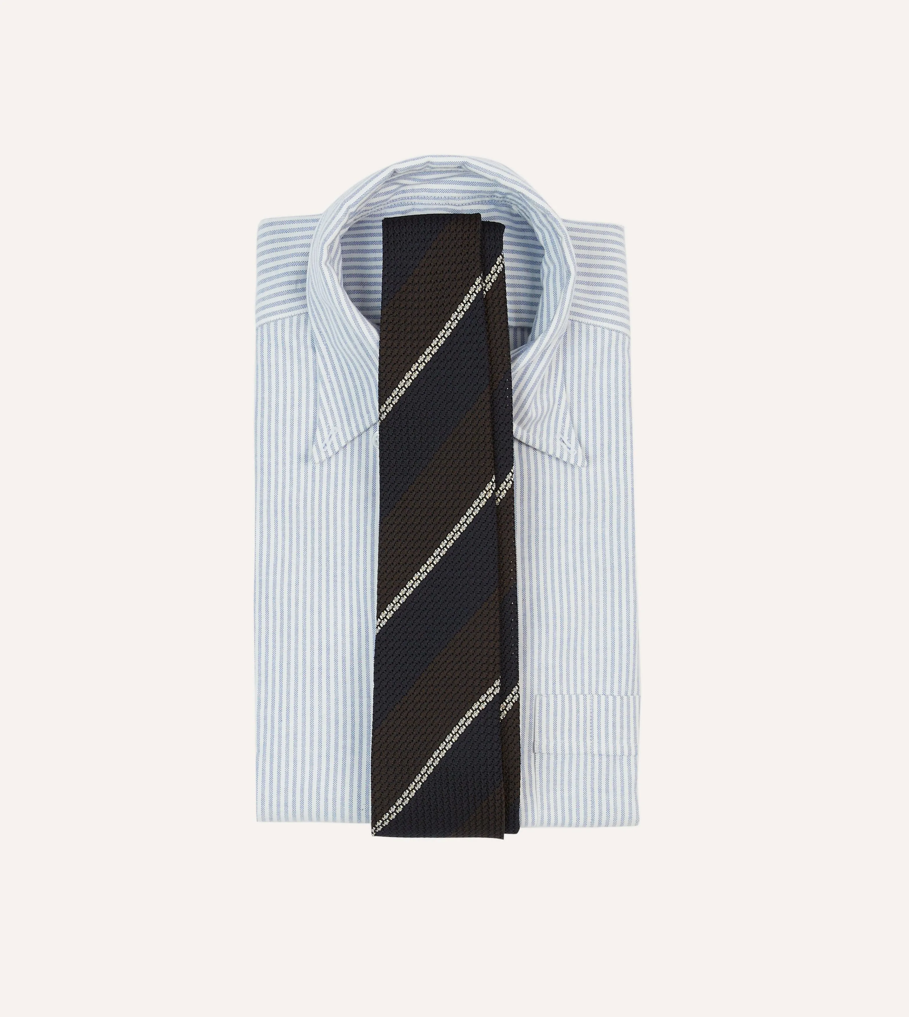 Navy, Brown and White Multi Stripe Hand Rolled Silk Grenadine Tie sold by Drake's London product image thumbnail 2