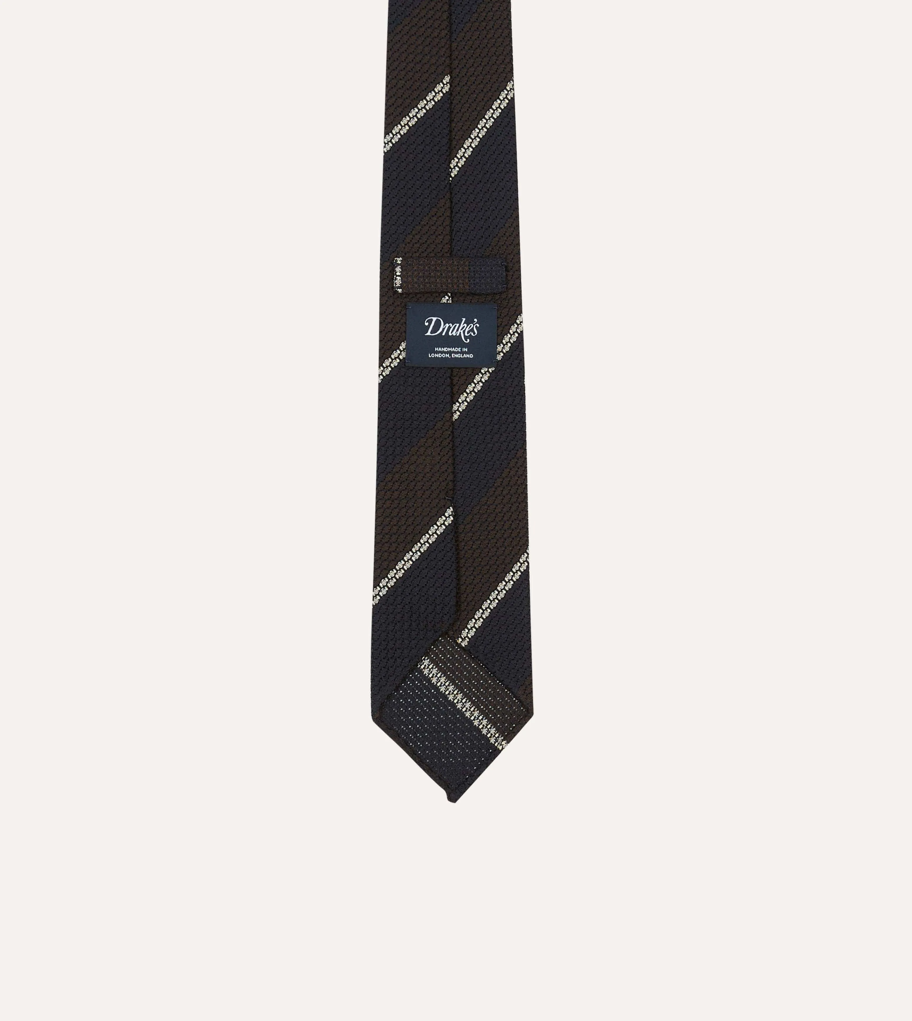Navy, Brown and White Multi Stripe Hand Rolled Silk Grenadine Tie sold by Drake's London product image thumbnail 4