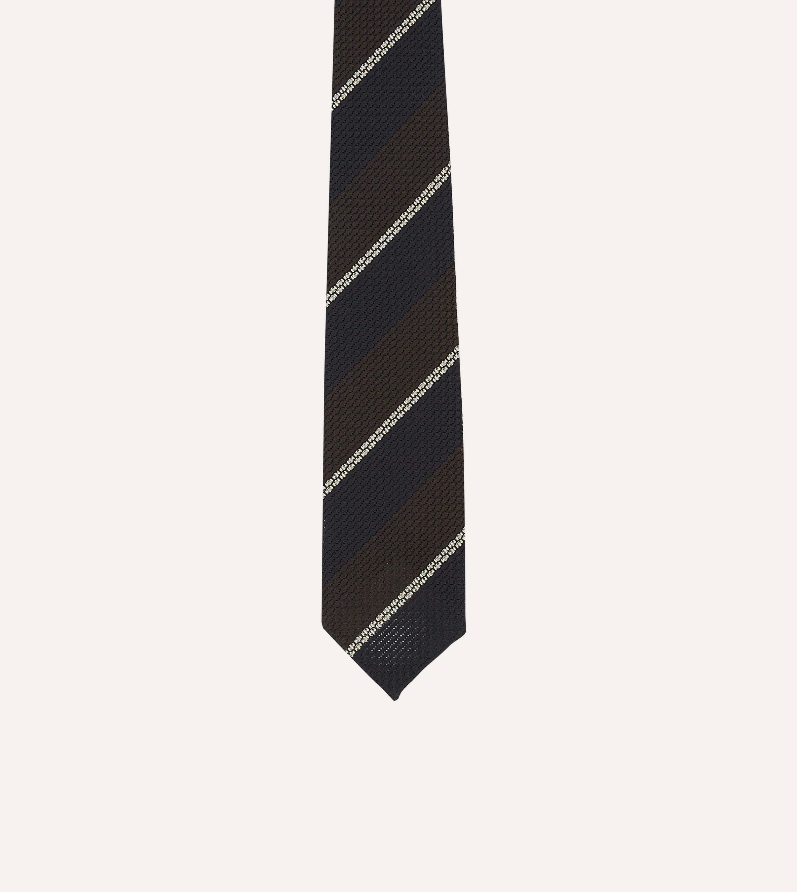 Navy, Brown and White Multi Stripe Hand Rolled Silk Grenadine Tie sold by Drake's London product image thumbnail 3