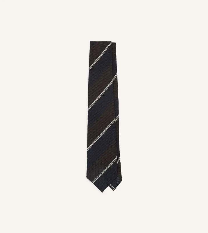 Navy, Brown and White Multi Stripe Hand Rolled Silk Grenadine Tie sold by Drake's London