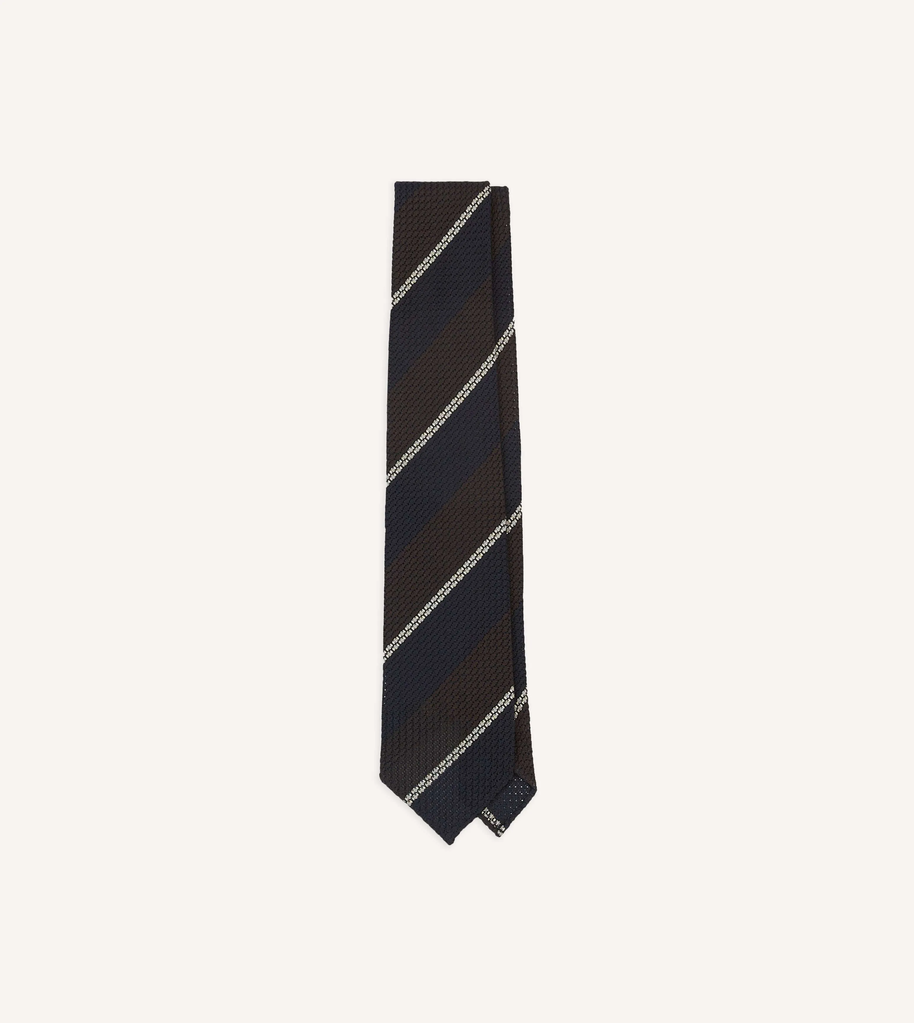 Navy, Brown and White Multi Stripe Hand Rolled Silk Grenadine Tie sold by Drake's London
