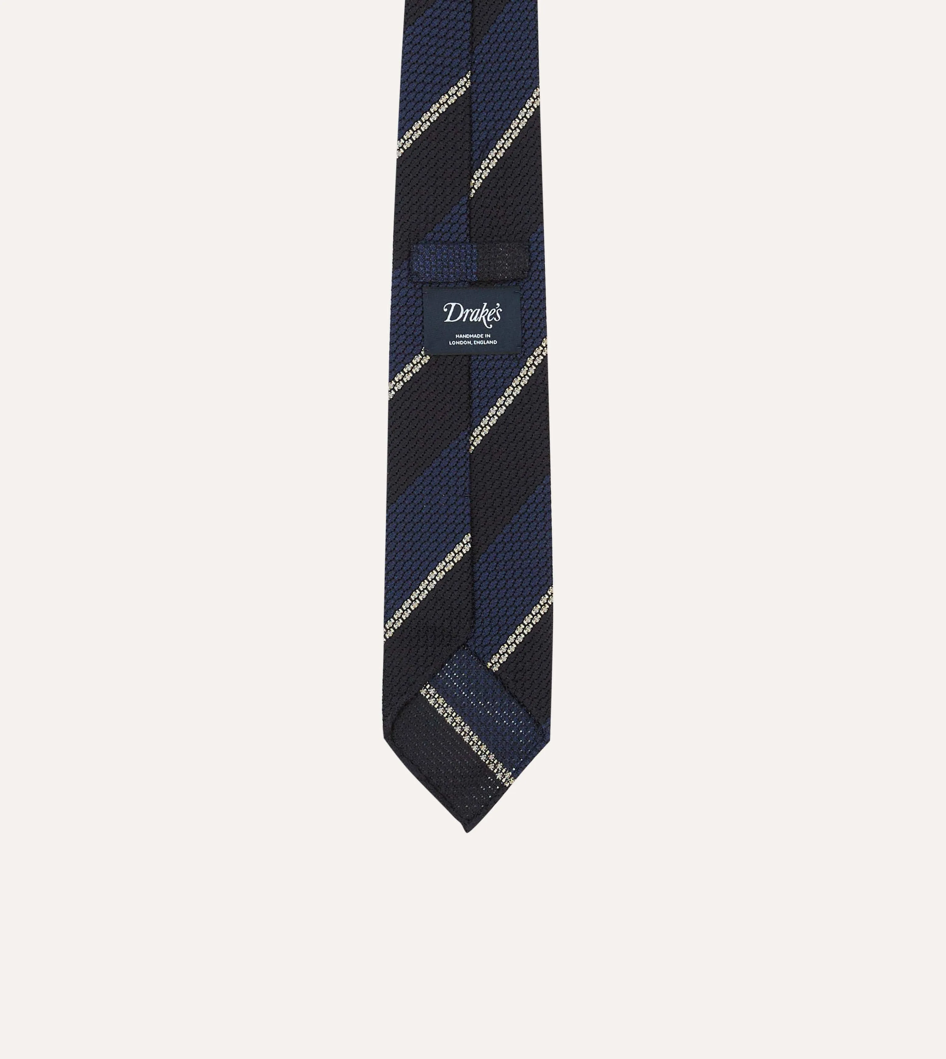 Navy and White Multi Stripe Hand Rolled Silk Grenadine Tie sold by Drake's London product image thumbnail 4