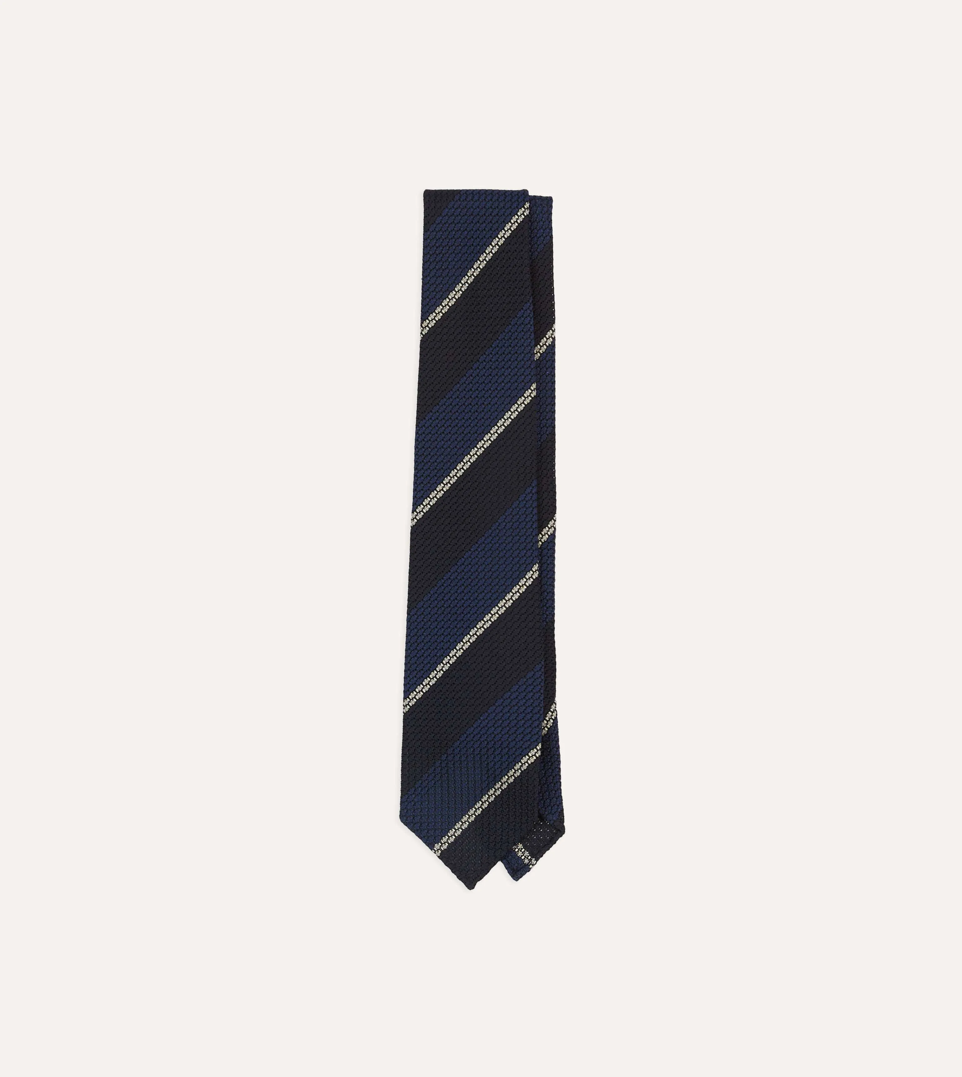 Navy and White Multi Stripe Hand Rolled Silk Grenadine Tie sold by Drake's London