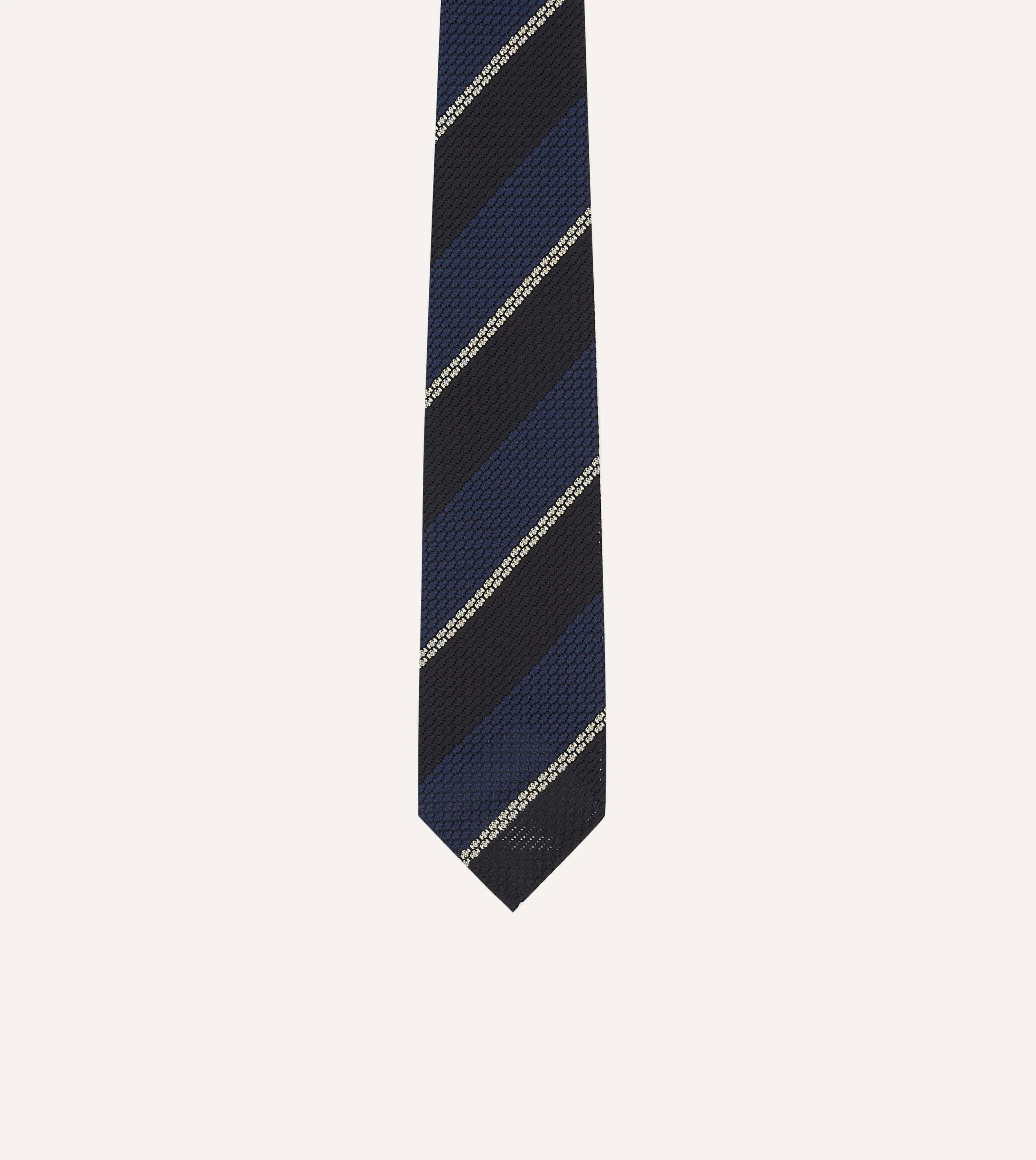 Navy and White Multi Stripe Hand Rolled Silk Grenadine Tie sold by Drake's London product image thumbnail 3