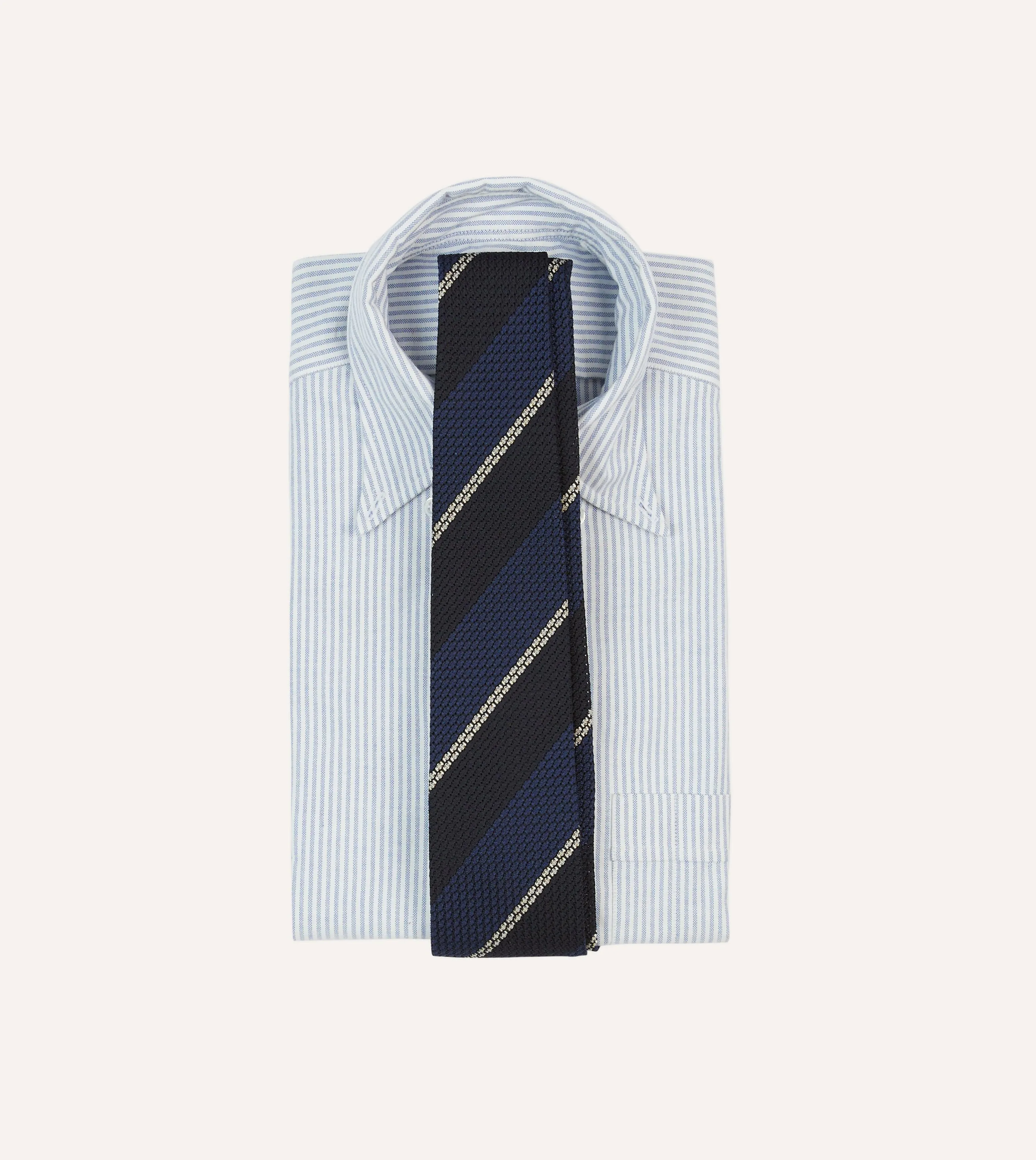 Navy and White Multi Stripe Hand Rolled Silk Grenadine Tie sold by Drake's London product image thumbnail 2