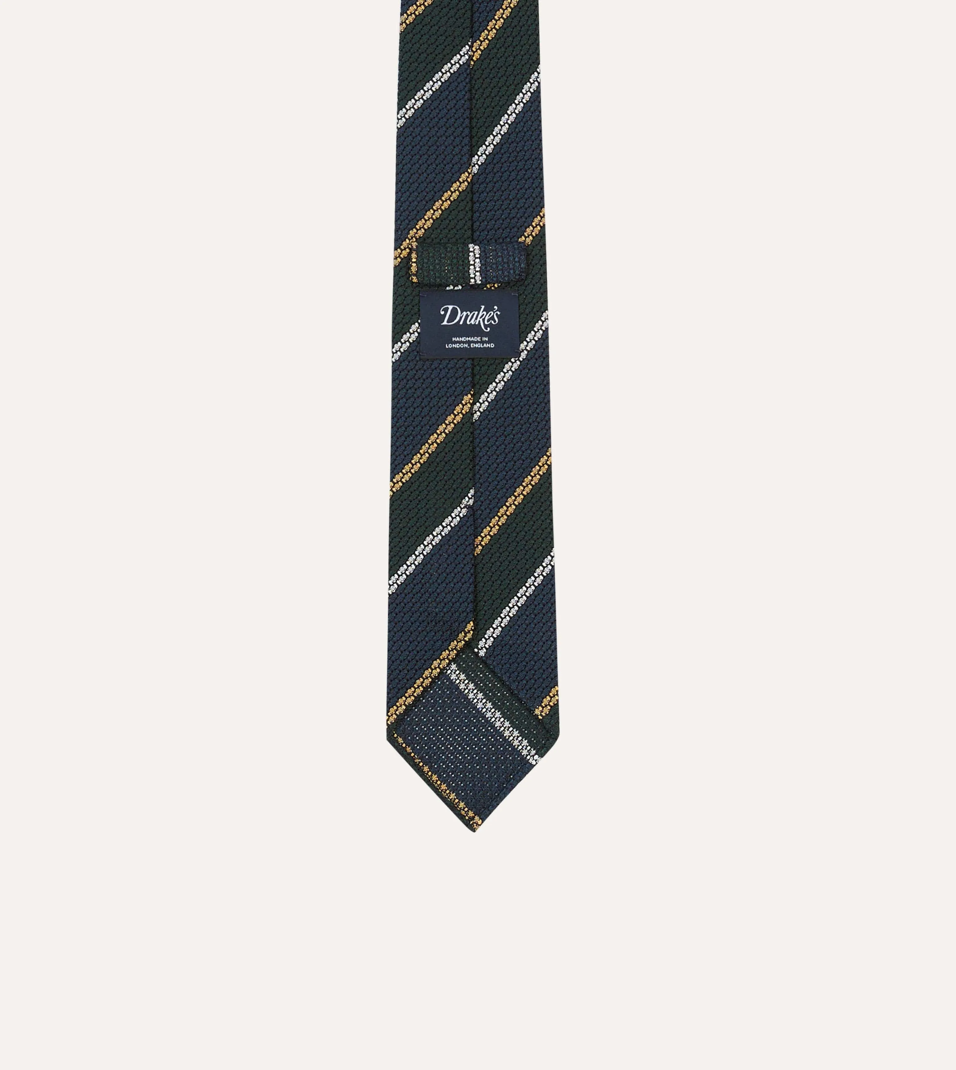 Navy, White and Green Stripe Hand Rolled Silk Grenadine Tie sold by Drake's London product image thumbnail 4