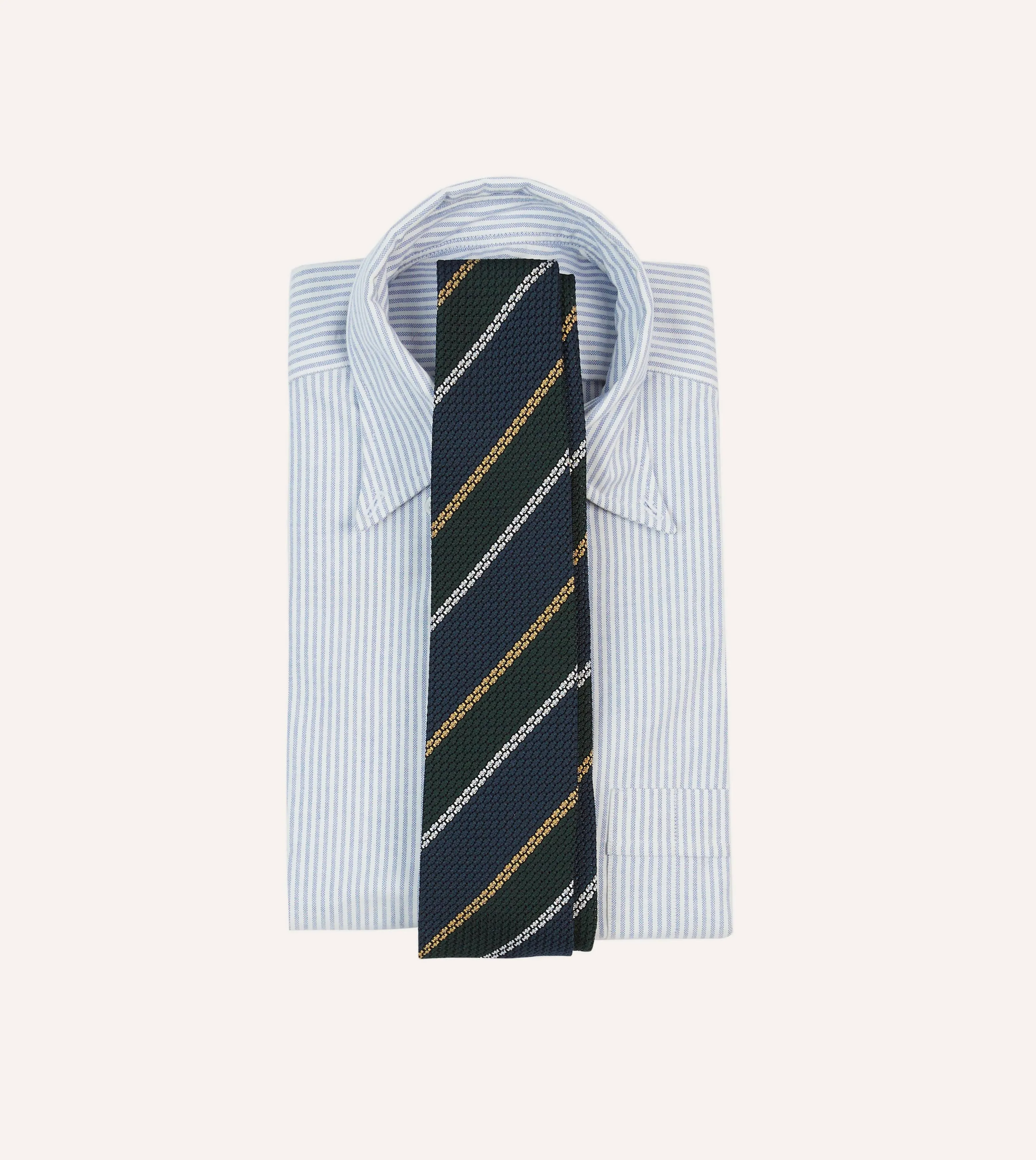 Navy, White and Green Stripe Hand Rolled Silk Grenadine Tie sold by Drake's London product image thumbnail 2
