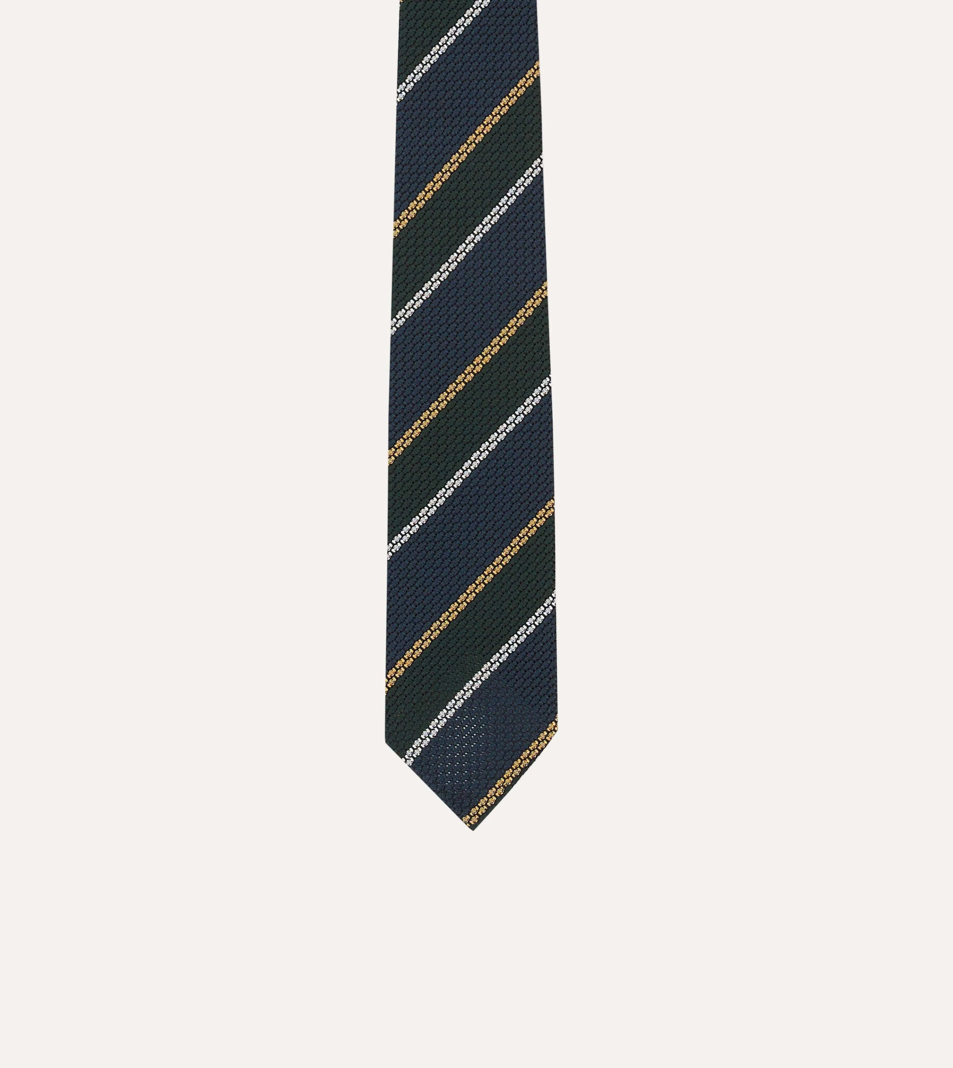 Navy, White and Green Stripe Hand Rolled Silk Grenadine Tie sold by Drake's London product image thumbnail 3