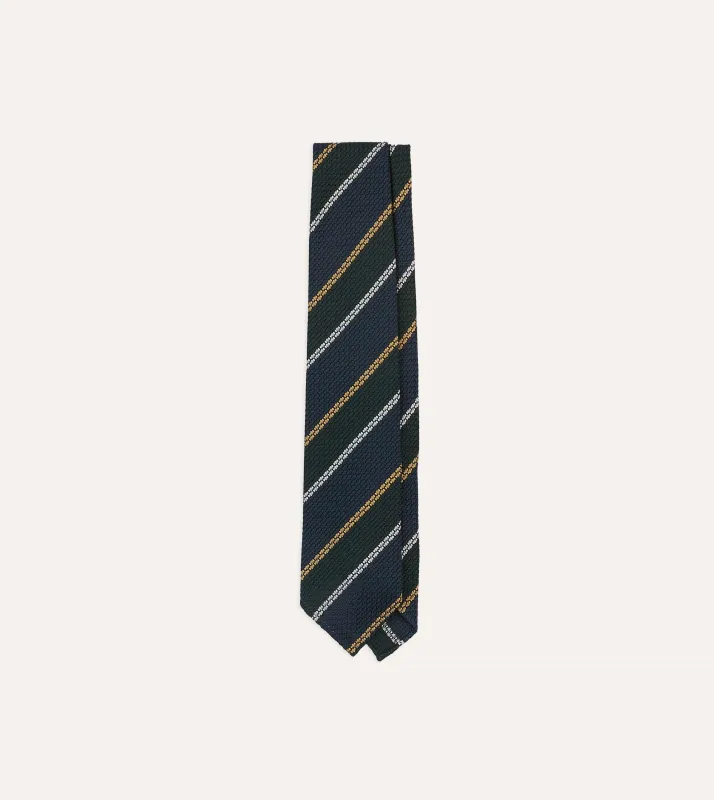 Navy, White and Green Stripe Hand Rolled Silk Grenadine Tie sold by Drake's London