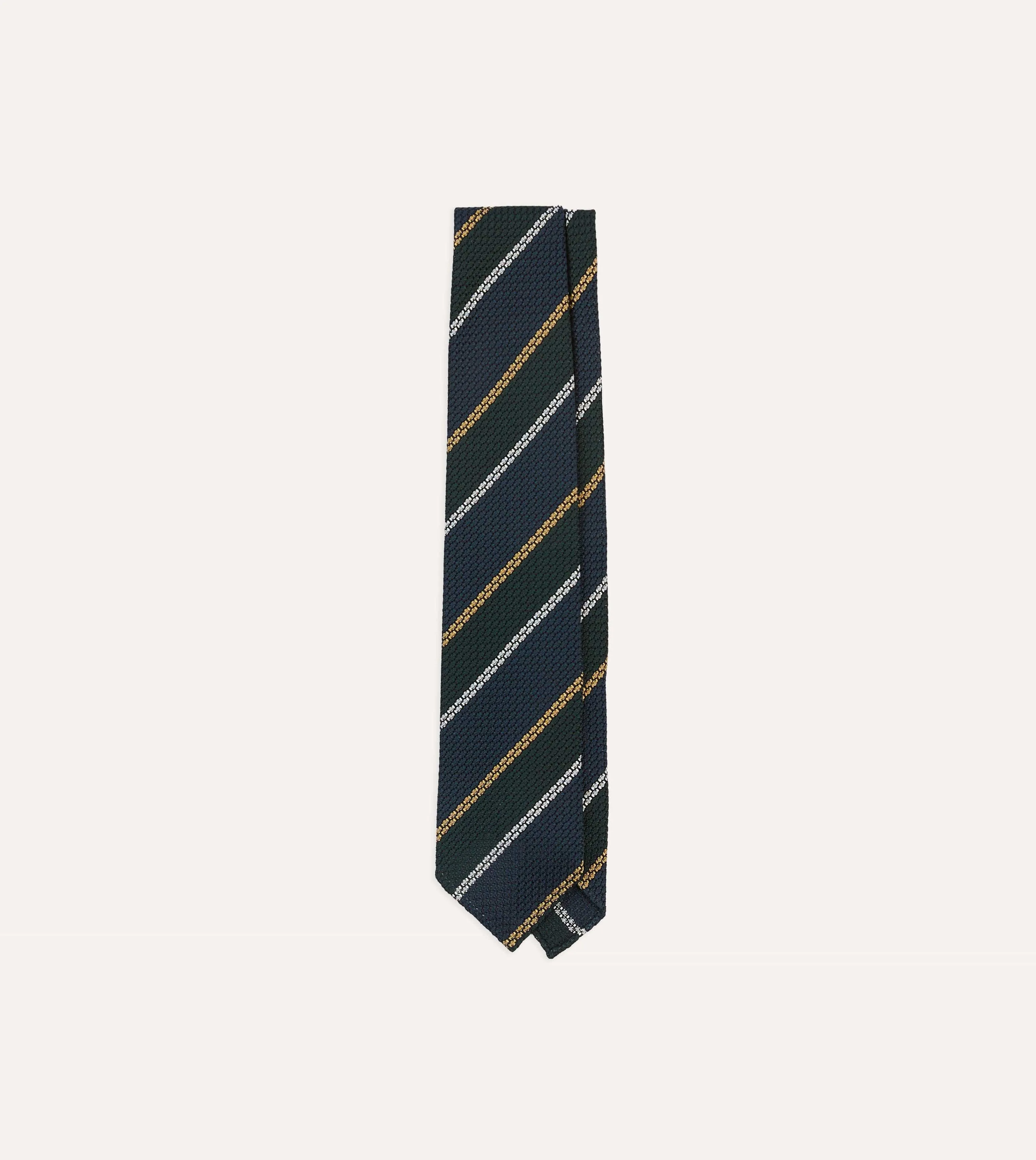 Navy, White and Green Stripe Hand Rolled Silk Grenadine Tie sold by Drake's London