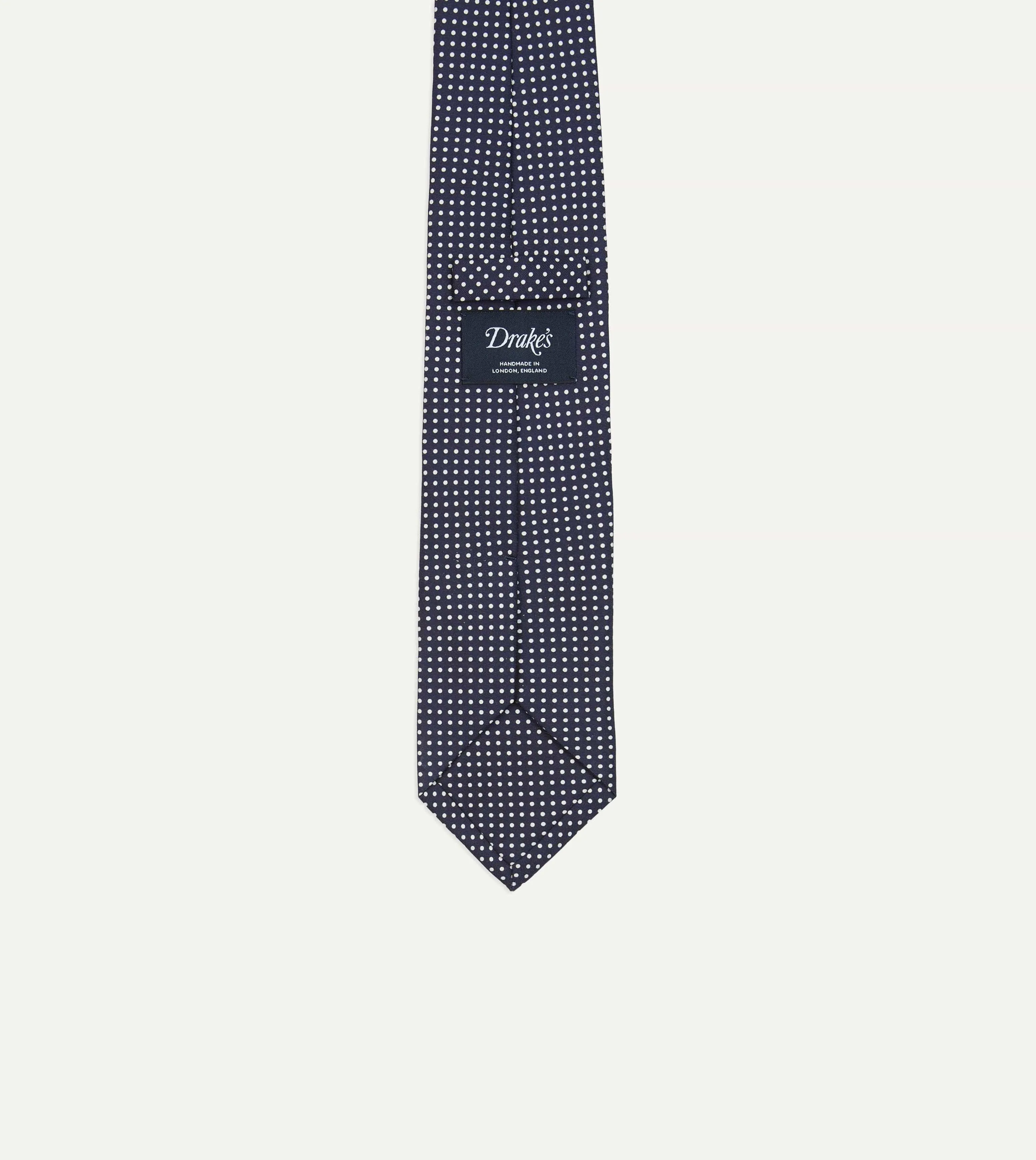 Navy Micro Polka Dot Silk Self-Tipped Tie sold by Drake's London product image thumbnail 4